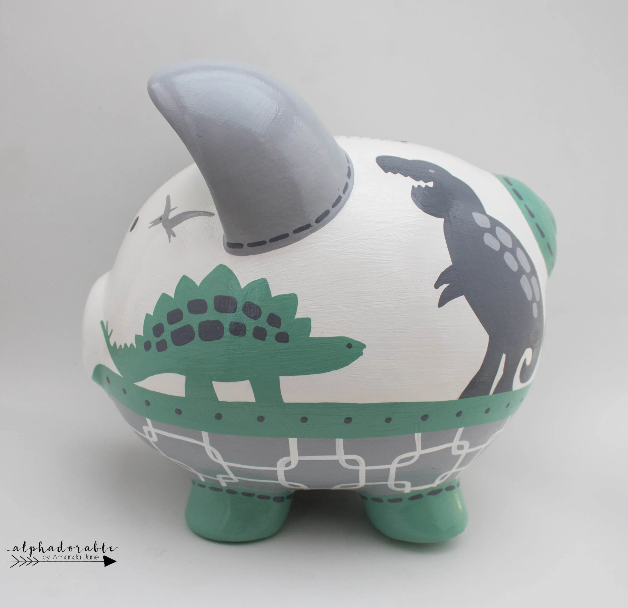 Dinosaur piggy bank in Green and grey — Alphadorable Custom nursery