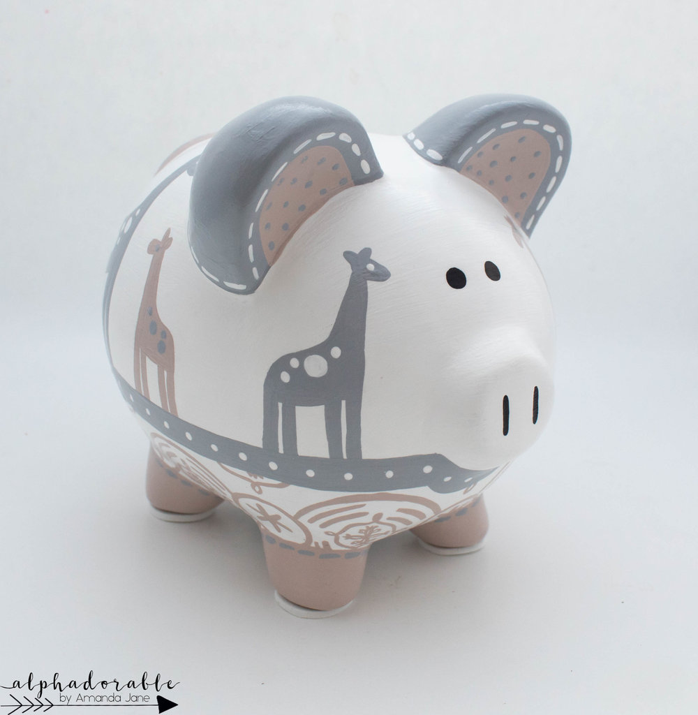 Avery Giraffe piggy bank grey, tan and white — Alphadorable nursery art and decor