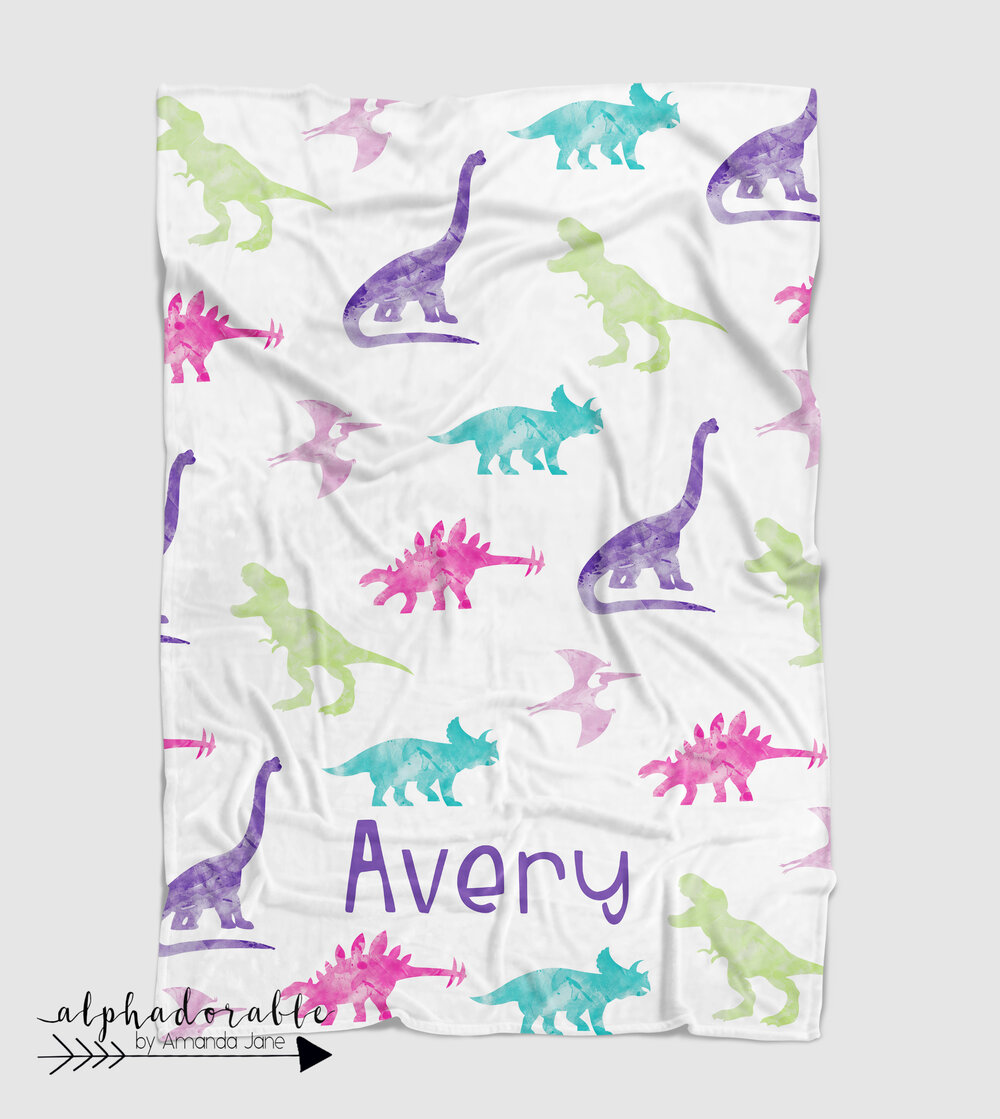 Watercolor Dinosaurs in Blue Lovey Blanket and Purple Minky and Sherpa Green