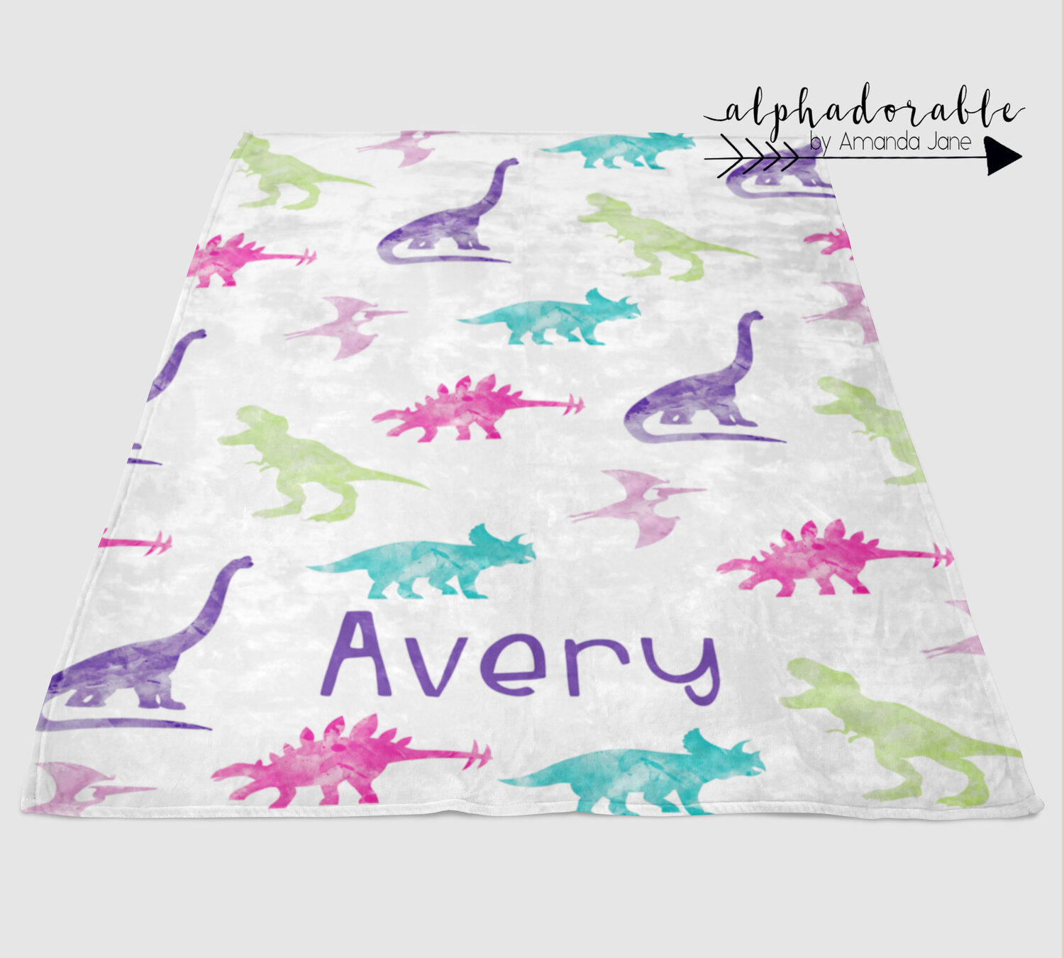 Watercolor Dinosaurs in Blue Lovey Blanket and Purple Minky and Sherpa Green