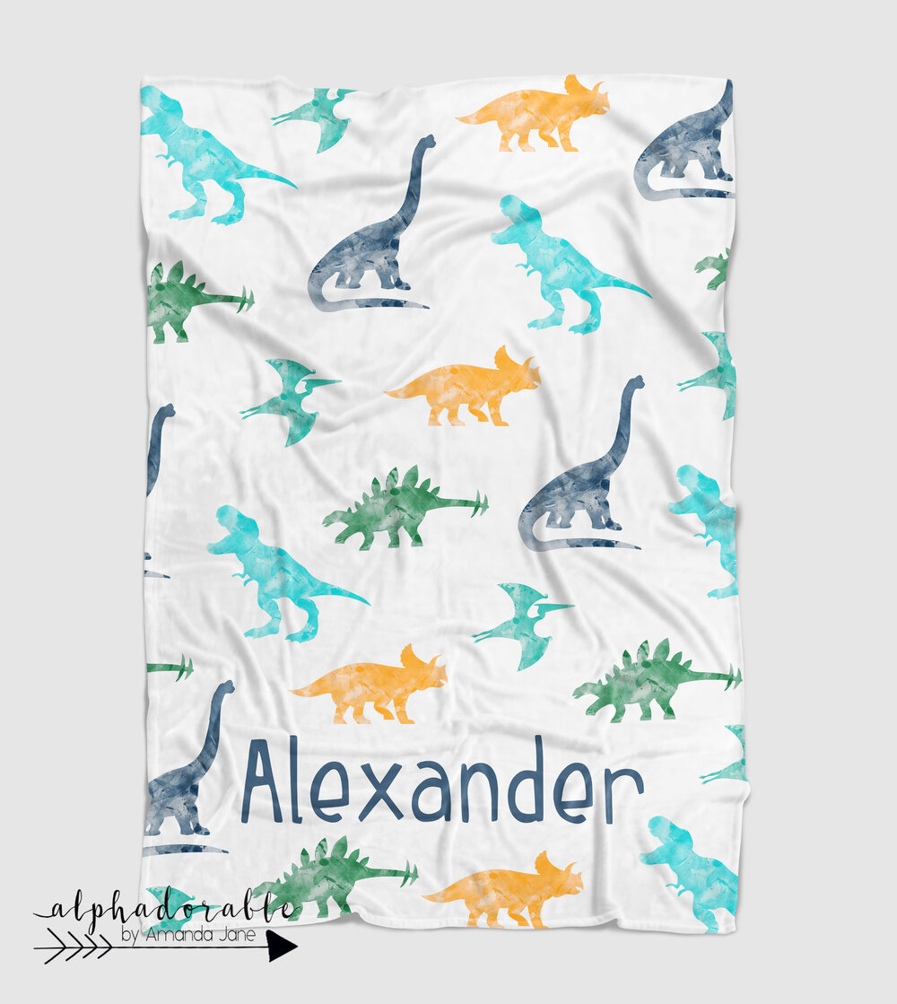 Watercolor Dinosaurs in Blue Lovey Blanket and Purple Minky and Sherpa Green