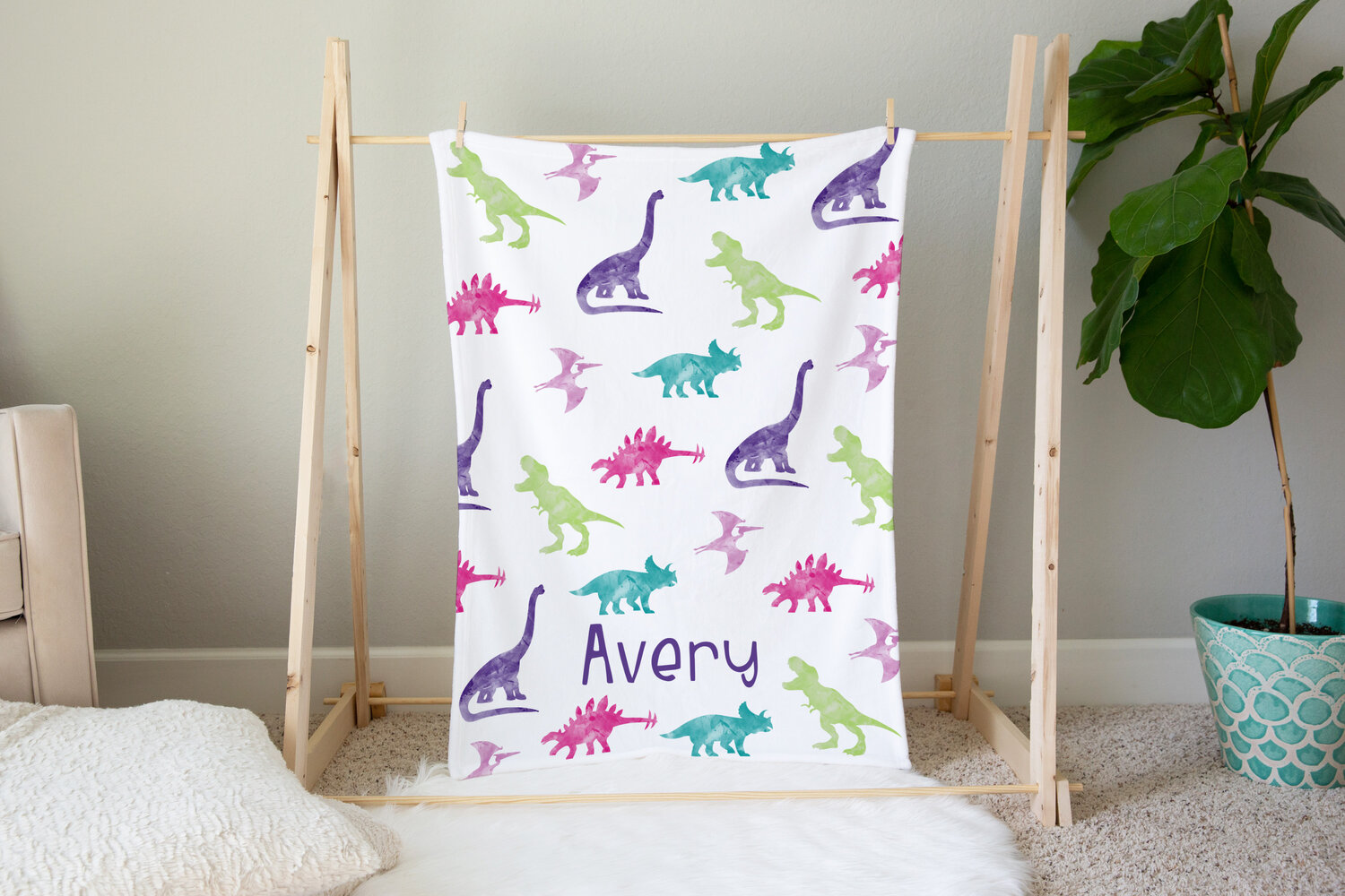 Watercolor Dinosaurs in Blue Lovey Blanket and Purple Minky and Sherpa Green