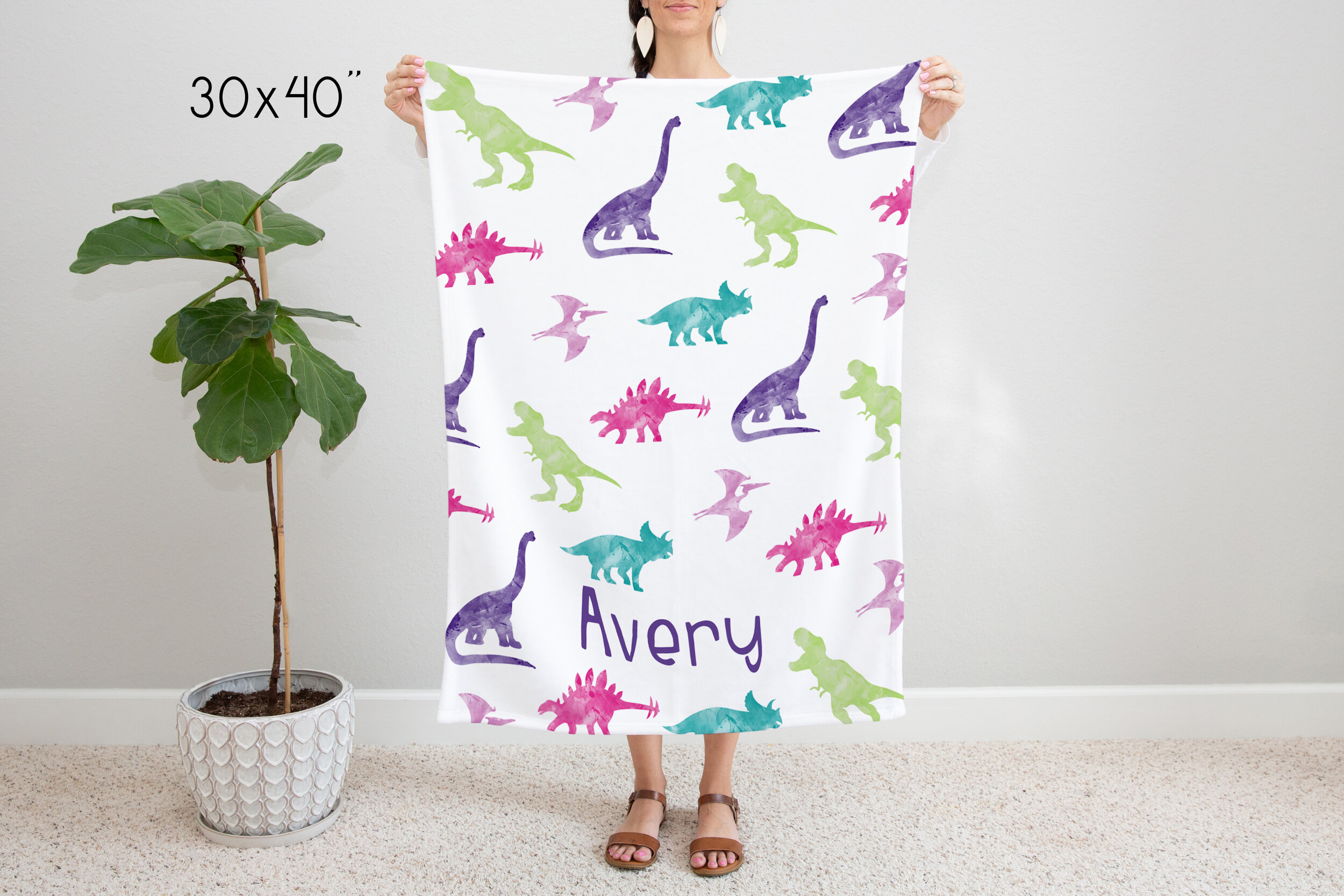 Watercolor Dinosaur Minky blanket in pink, purple and turquoise ...