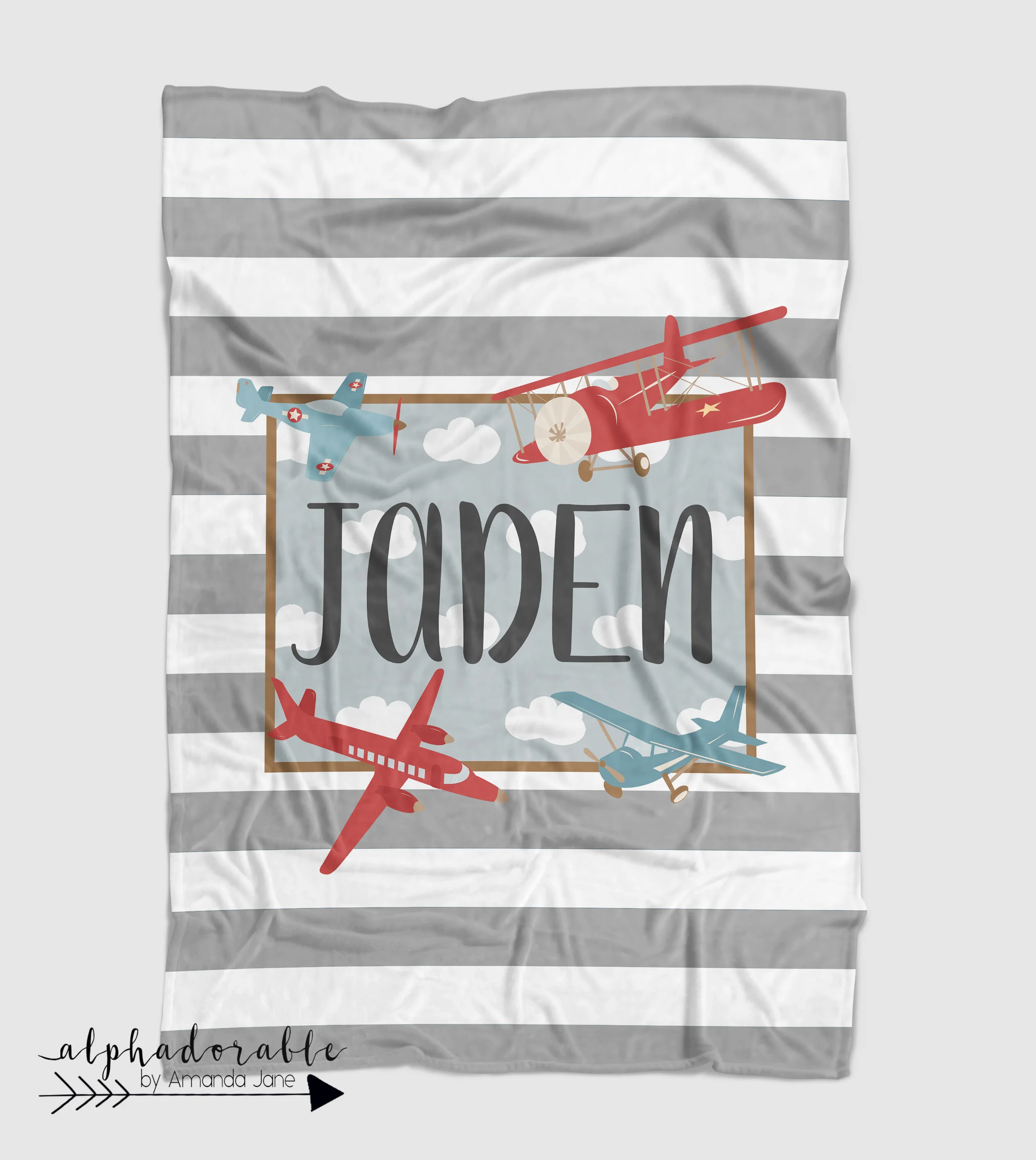 Vintage Airplane baby blanket in gray — Alphadorable Custom nursery