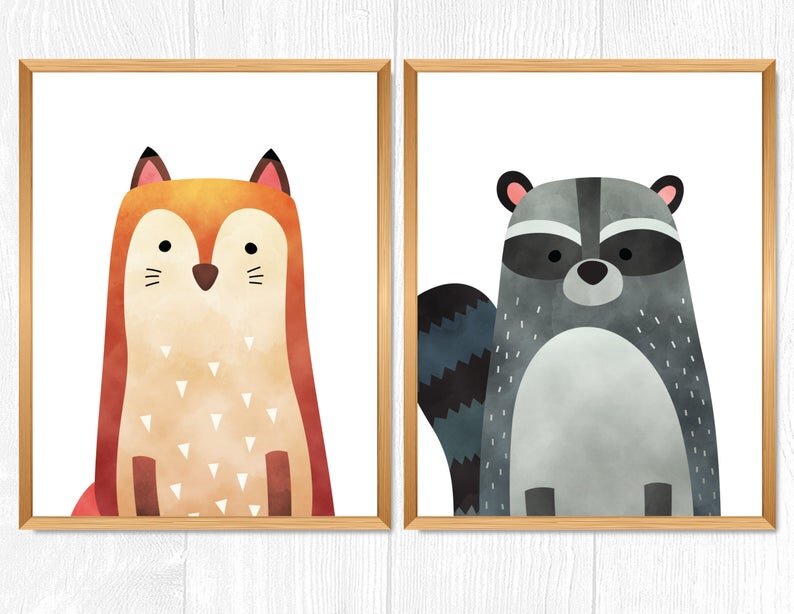 fox and raccoon nursery prints