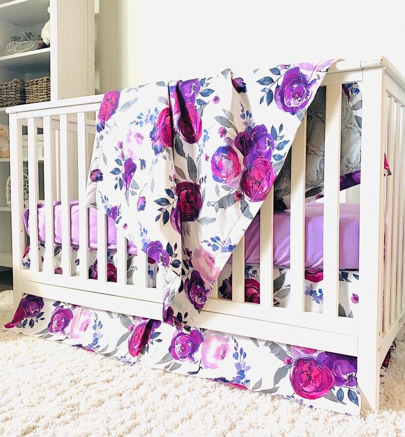purple floral baby bedding set
