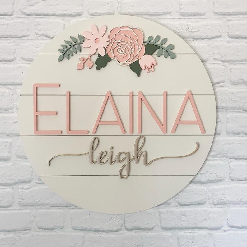 pink white floral wood nursery sign