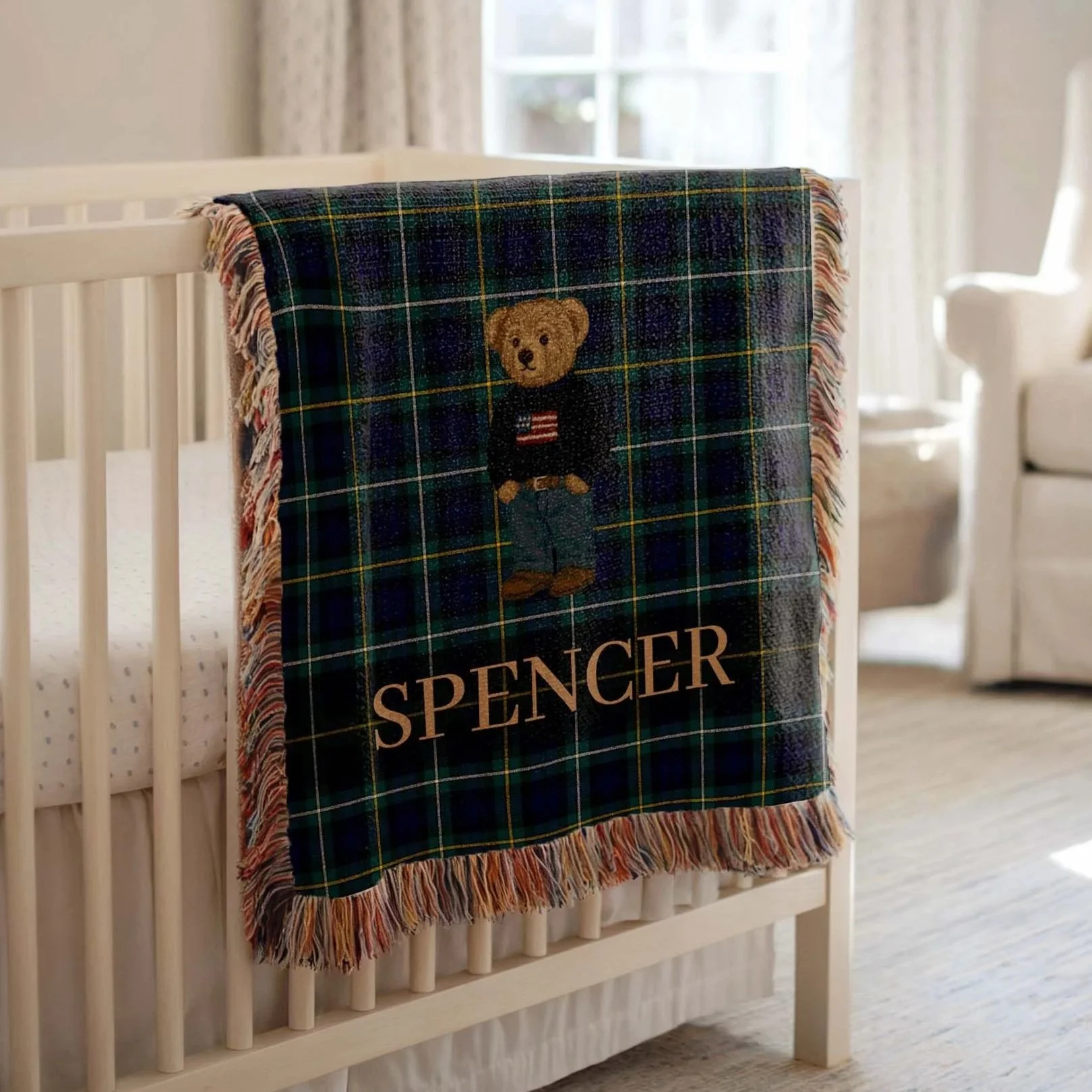 Polo Teddy Bear:  Heirloom Knit Tartan Baby Blanket