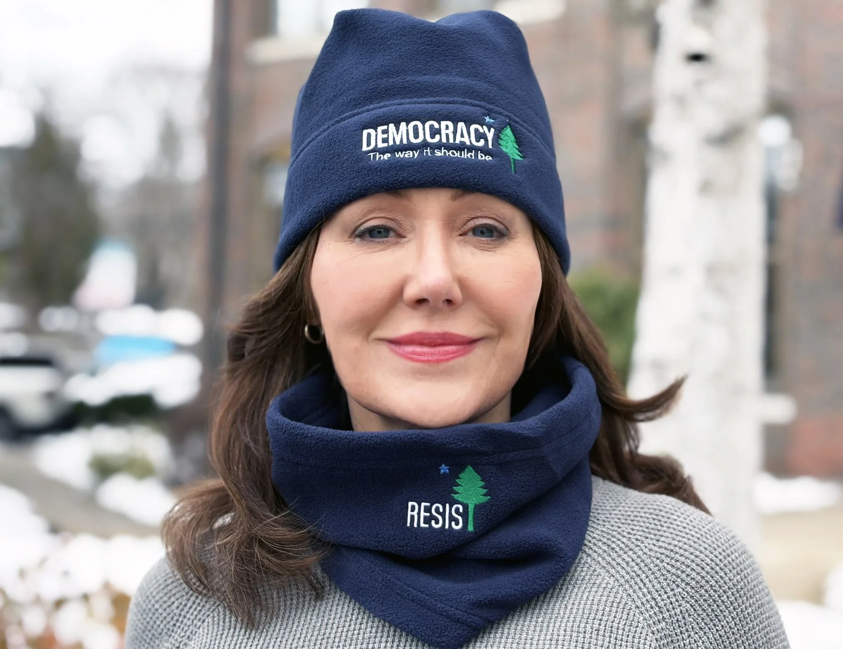 "Democracy the Way it Should Be" Navy Fleece Hat and matching "Resist" Gaiter