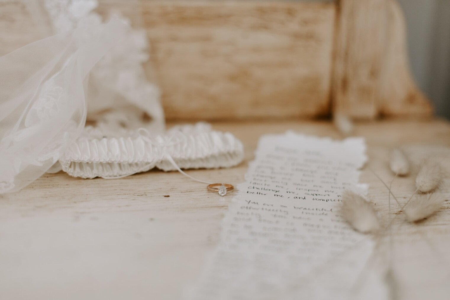 handwritten letter on deckled edge recycled paper and bridal details on an antique dress at Estes Park AirBnB Elopement for an LGBTQ couple with Colorado elopement photographer Diana Coulter