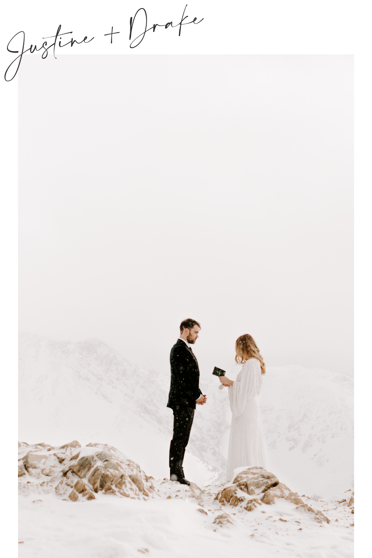 Couple reading vows to each other during magical snowy winter elopement while snowing at the top of Loveland Pass in Colorado with elopement photographer Diana Coulter