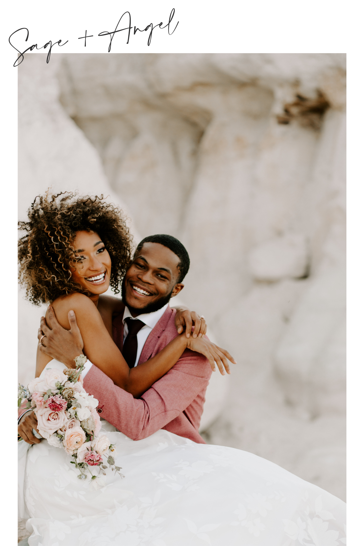 Stunning Black couple holding each other and laughing during their intimate elopement at the Paint Mines with luscious wedding bouquet in the groom’s hand by Denver florist MJM Designs. Groom is in a raspberry suit and bride is wearing a Lea-ann Bel…