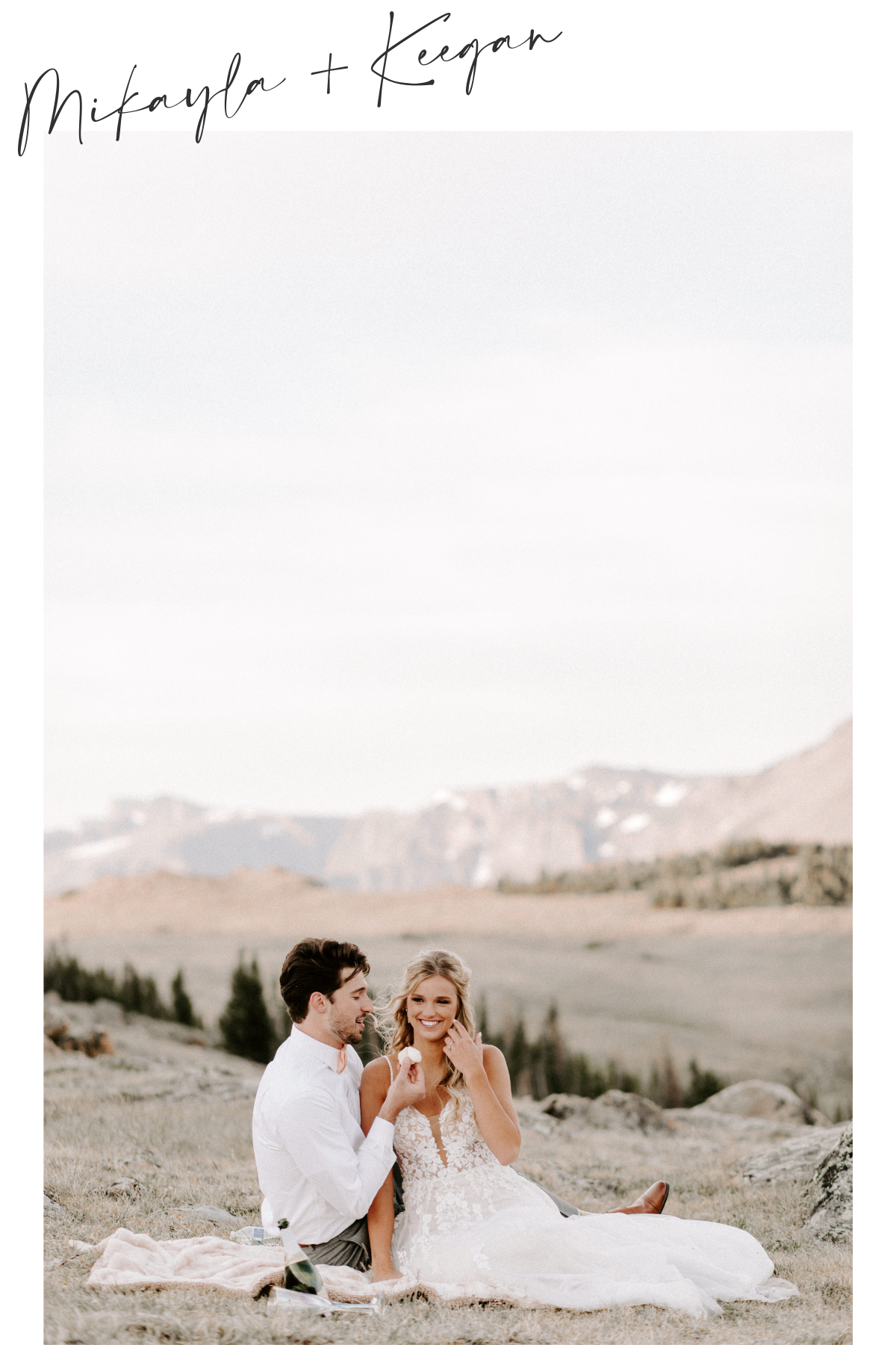Couple feeding each other cupcakes and popping champagne during their first look on top of Trail Ridge Road in Rocky Mountain National Park during sunrise with Colorado elopement photographer Diana Coulter