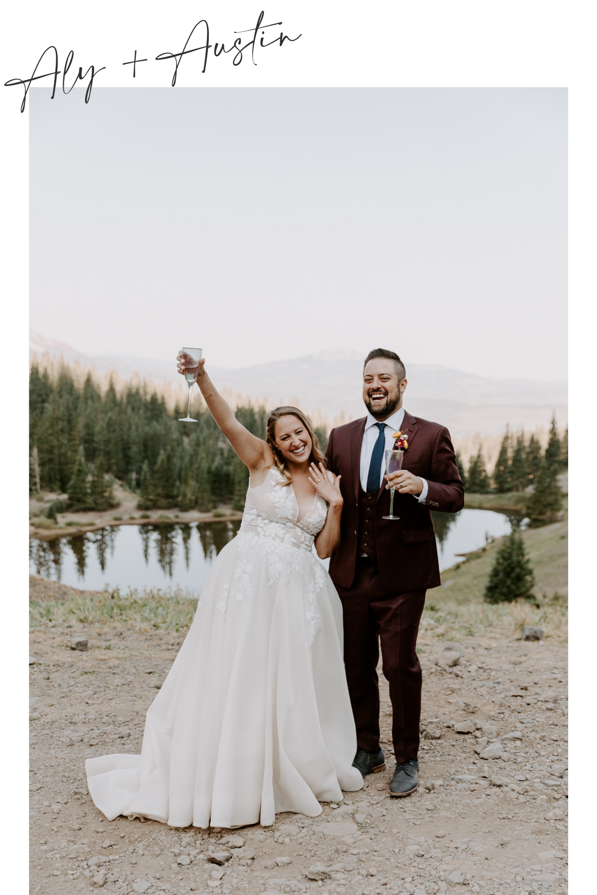Adorable Chicago couple travelled to Telluride to elope and are toasting to being newlyweds and showing off their rings while laughing and having fun during the boho inspired picnic elopement in Telluride, CO at Alta Lakes with Colorado elopement ph…