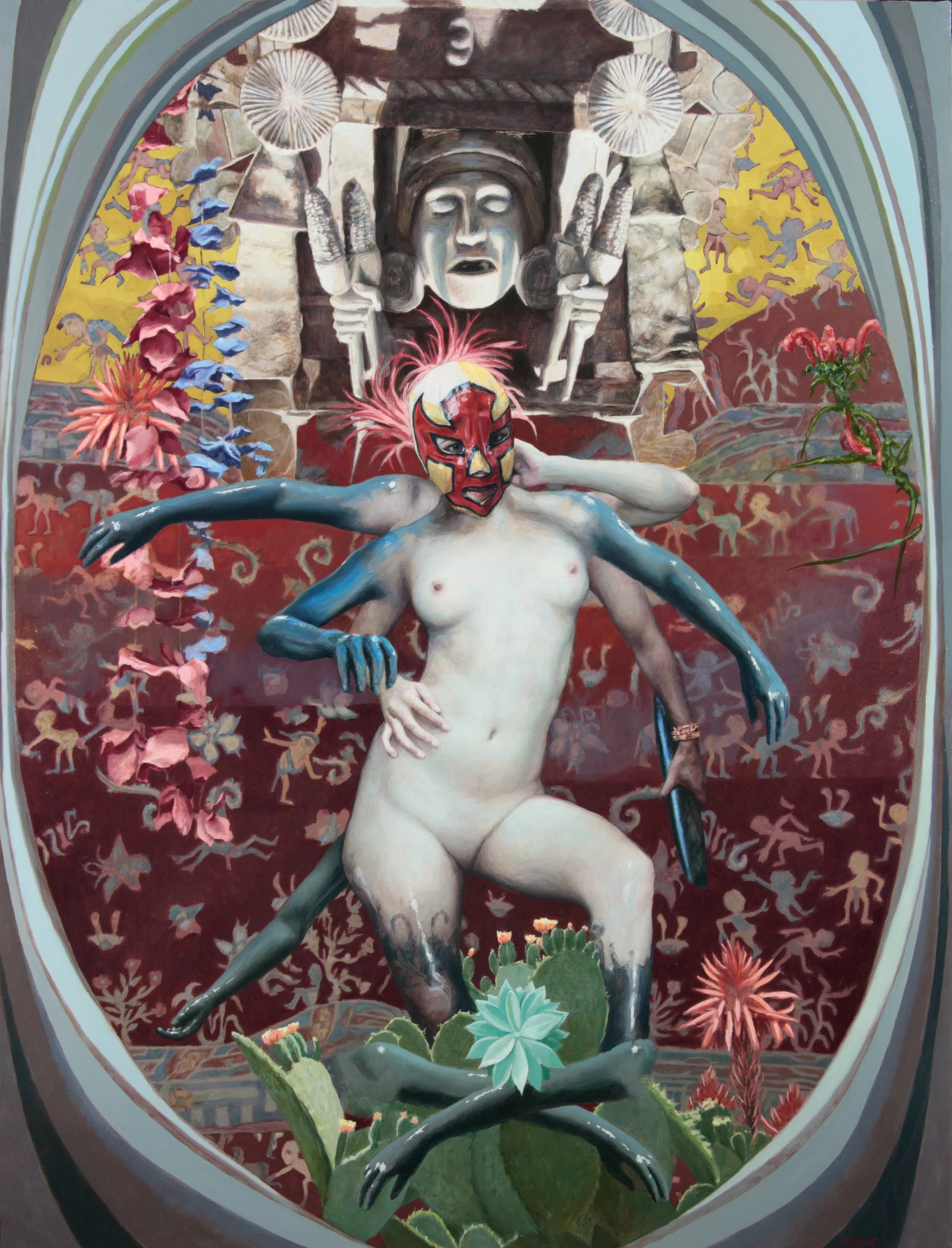 An oil painting titled Tlalocan Goddess by contemporary magical realist painter Pablo Santibáñez Servat depicting a luchadora with multiple arms like a Hindu goddess encompassed by South American Indigenous symbols, available at Conde Contemporary.