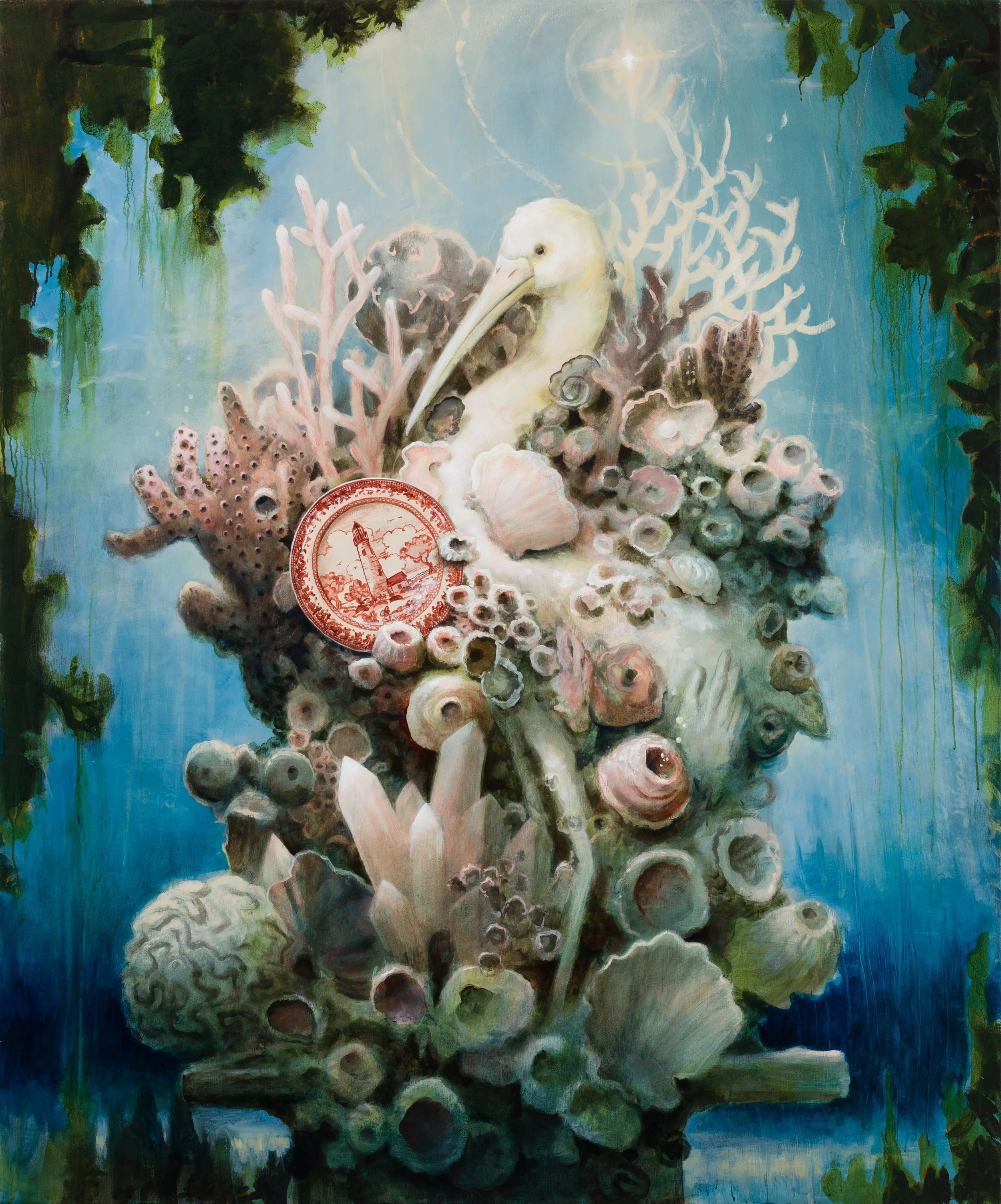An undersea painting of coral, a ceramic plate and a sculpture of a bird solidified into a sculpture, titled A Sculpture at The Bottom of The Sea by surrealist Kevin Sloan for Conde Contemporary.