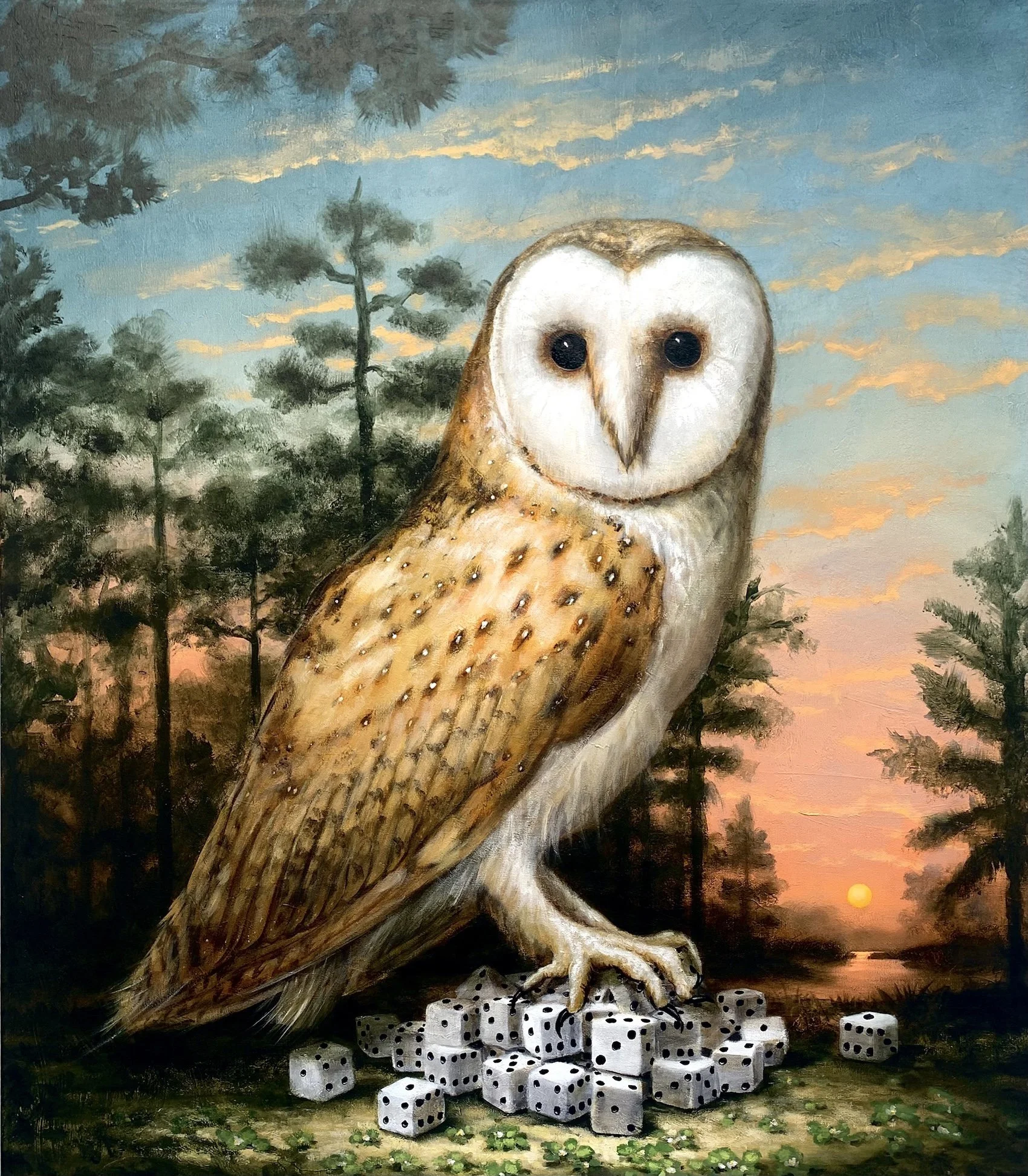 An acrylic painting of an owl standing atop a collection of dice in the forest against a backdrop of trees and the sunset, titled Barn Owl With Collection of Wins and Losses by contemporary American surrealist Kevin Sloan, for Conde Contemporary.