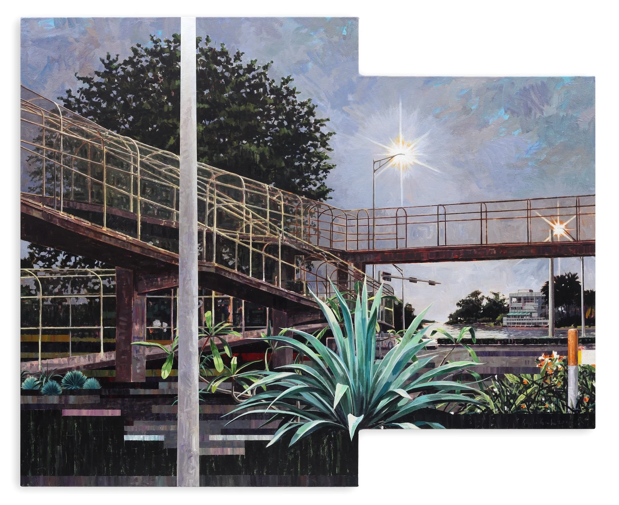 A painting titled I Learned That I Have No Choice by contemporary Cuban urban landscape painter Gustavo Acosta featuring a caged and elevated cross walk with a massive cactus in the foreground, at Conde Contemporary.
