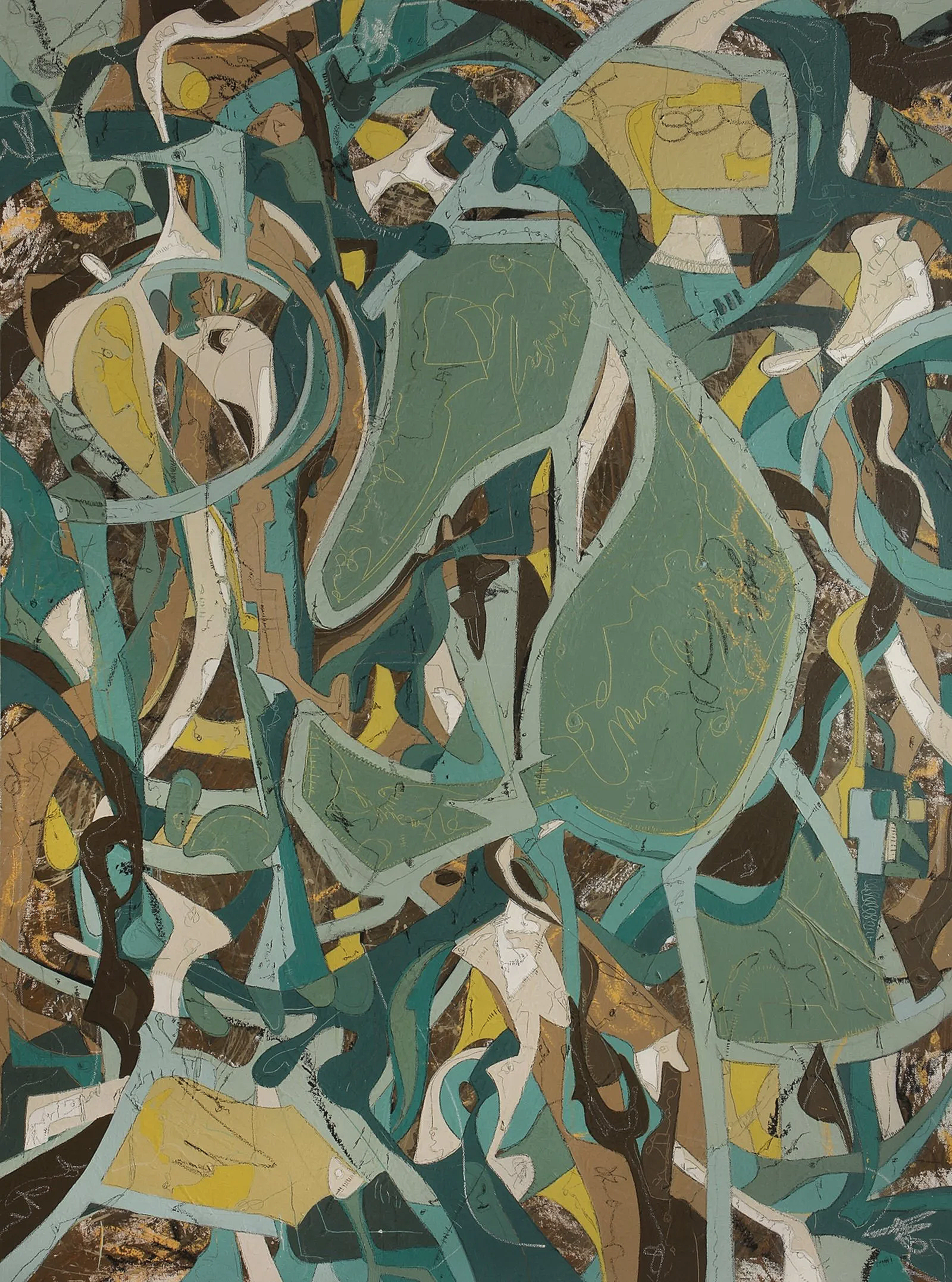 A mixed media abstract painting titled Dreamweb 14, painted in green, blue, teal, yellow, and brown by Argentinian artist Paula Christenson for Conde Contemporary.