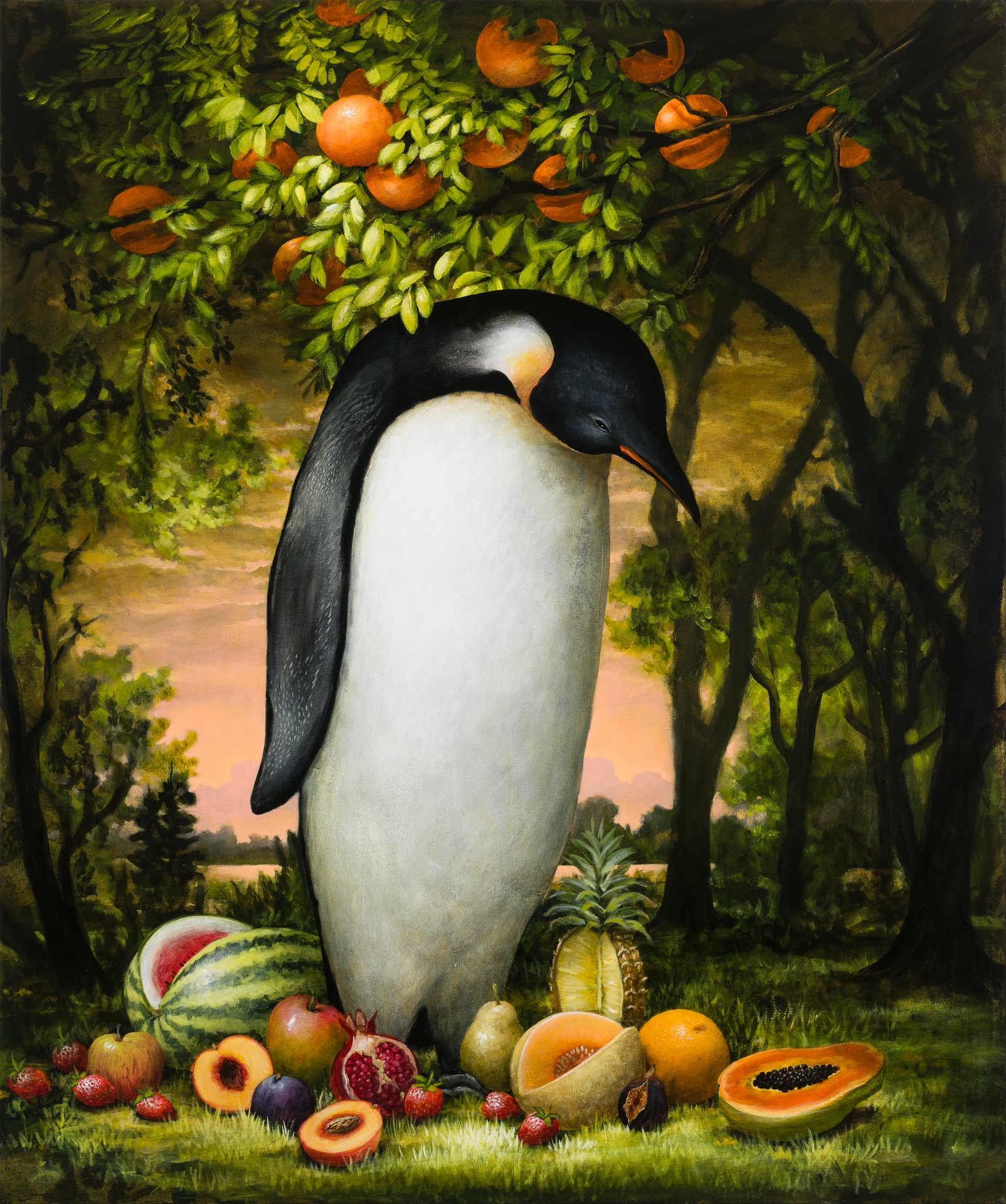 A surreal landscape painting featuring a penguin surrounded by fruit and an orange tree, titled The Migrant by American painter Kevin Sloan for Conde Contemporary.