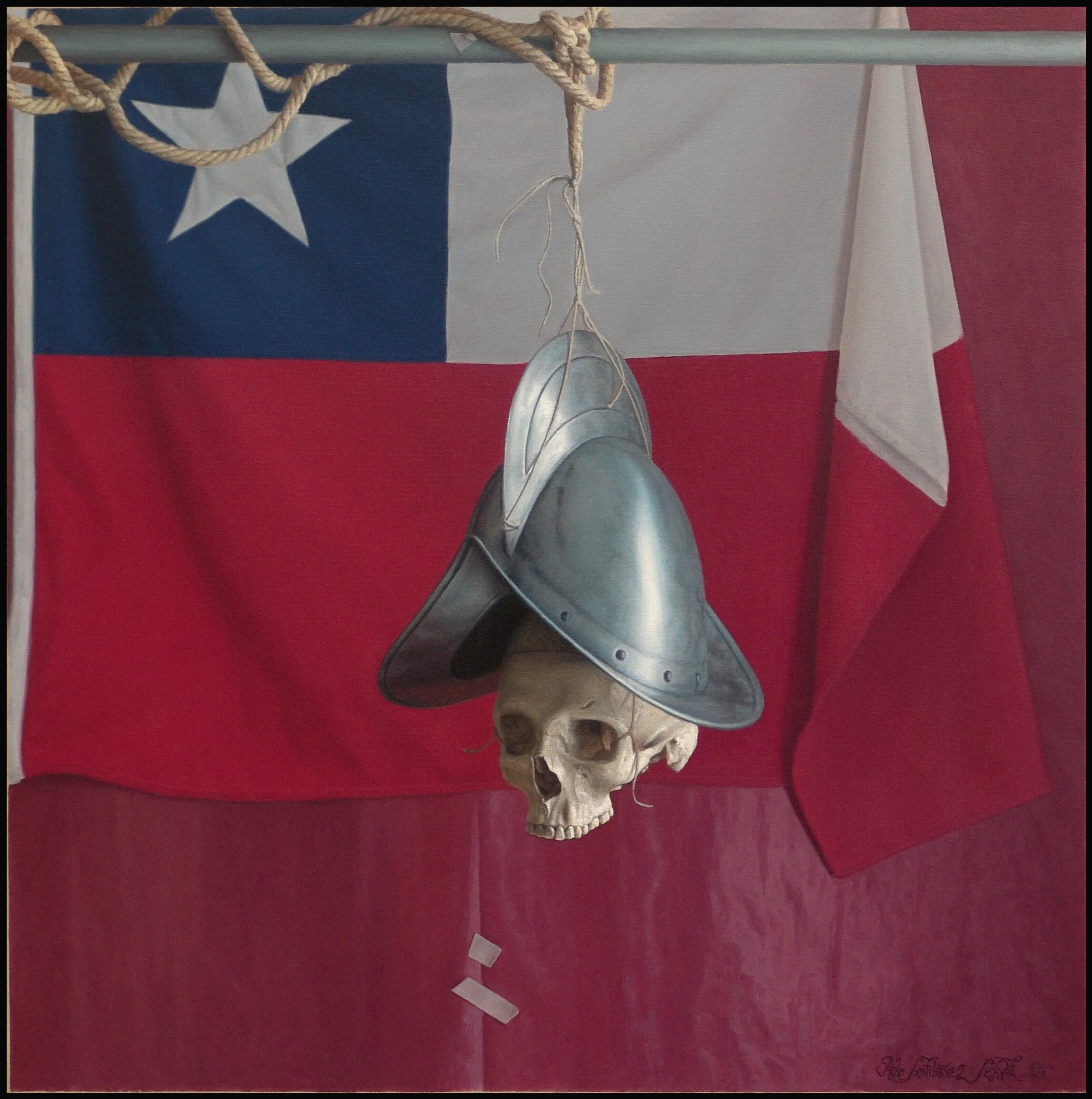 An oil painting titled El Dorado No Estaba En Chile, featuring a skull in a conquistador helmet in from of a Chilean flag by contemporary South American realist Pablo Santibáñez Servat for Conde Contemporary.