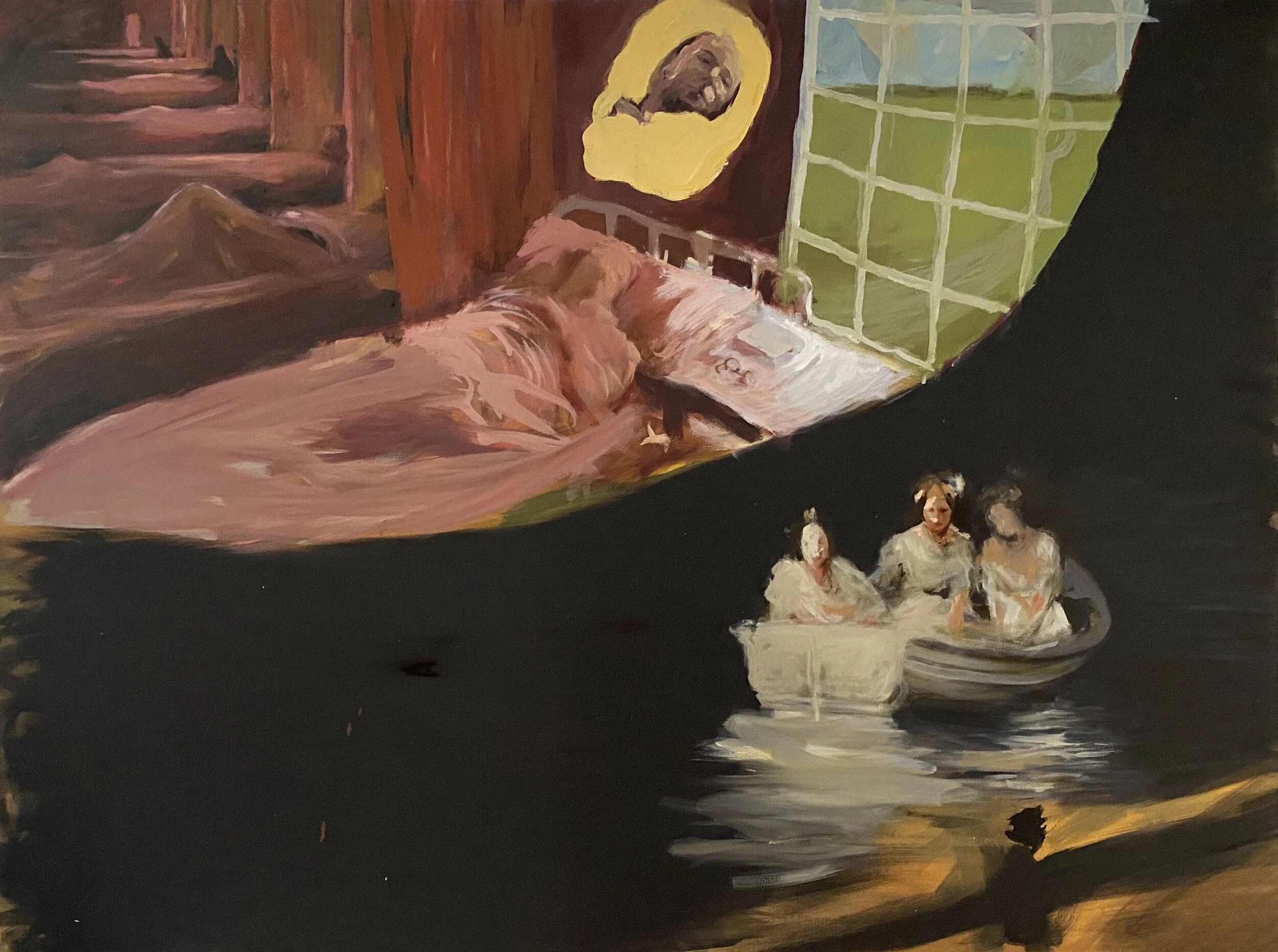 A surreal painting of a man dreaming in a hospital bed, titled Dr. Smith and The Unknown Sense, Old Asylum, Jackson, Mississippi, 1925 by contemporary American painter, Noah Saterstrom, for Conde Contemporary.