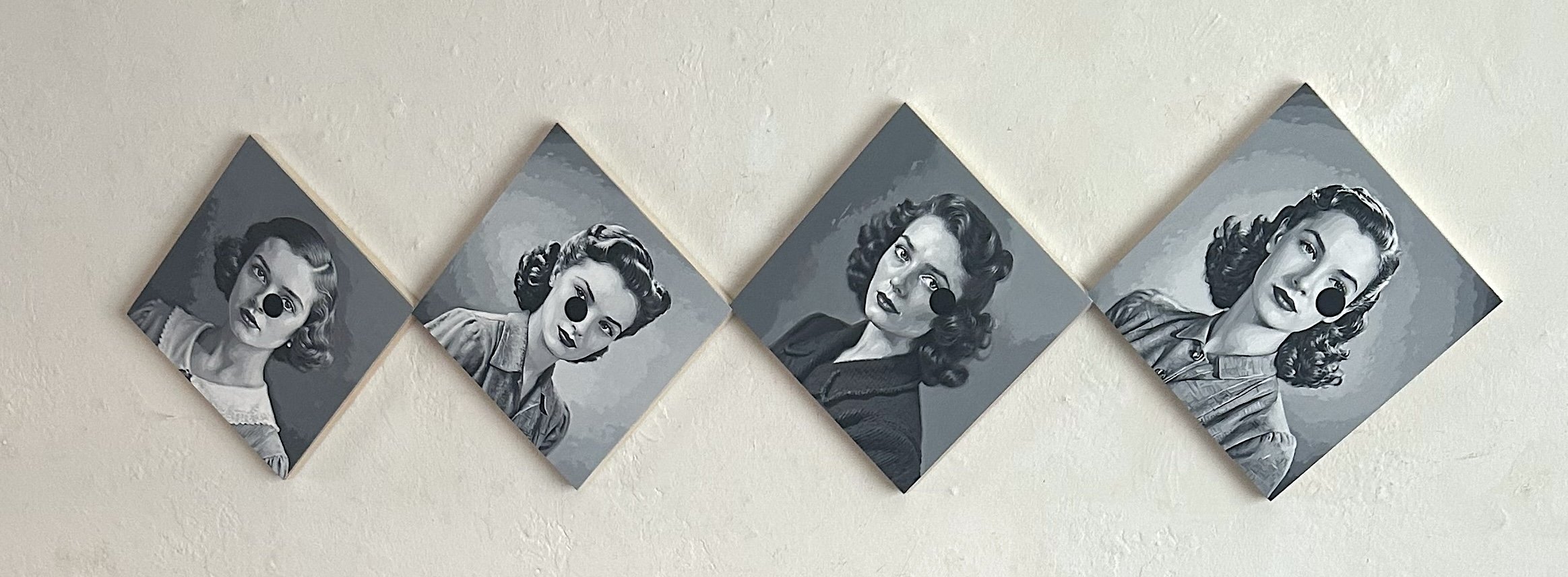 A painting titled, History According to The Defeated by Cuban conceptual artist Ruben Torres Llorca, featuring four painted wood panels of retro looking women in black and white with black circles near one eye, for Conde Contemporary.