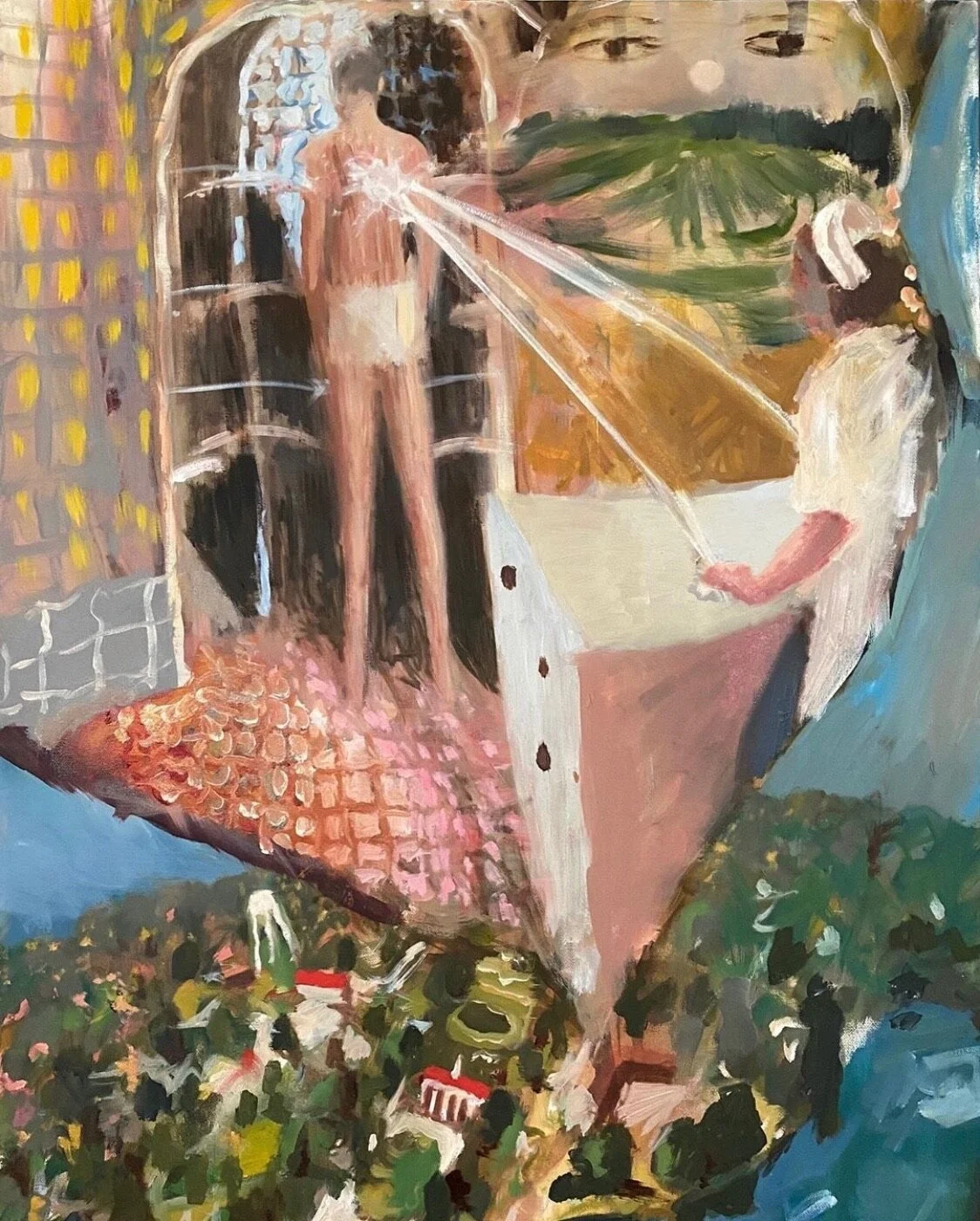 A surreal painting titled Whitfield, after the asylum in Mississippi, featuring a nurse giving a patient hydrotherapy, by American painter Noah Saterstrom, for Conde Contemporary.