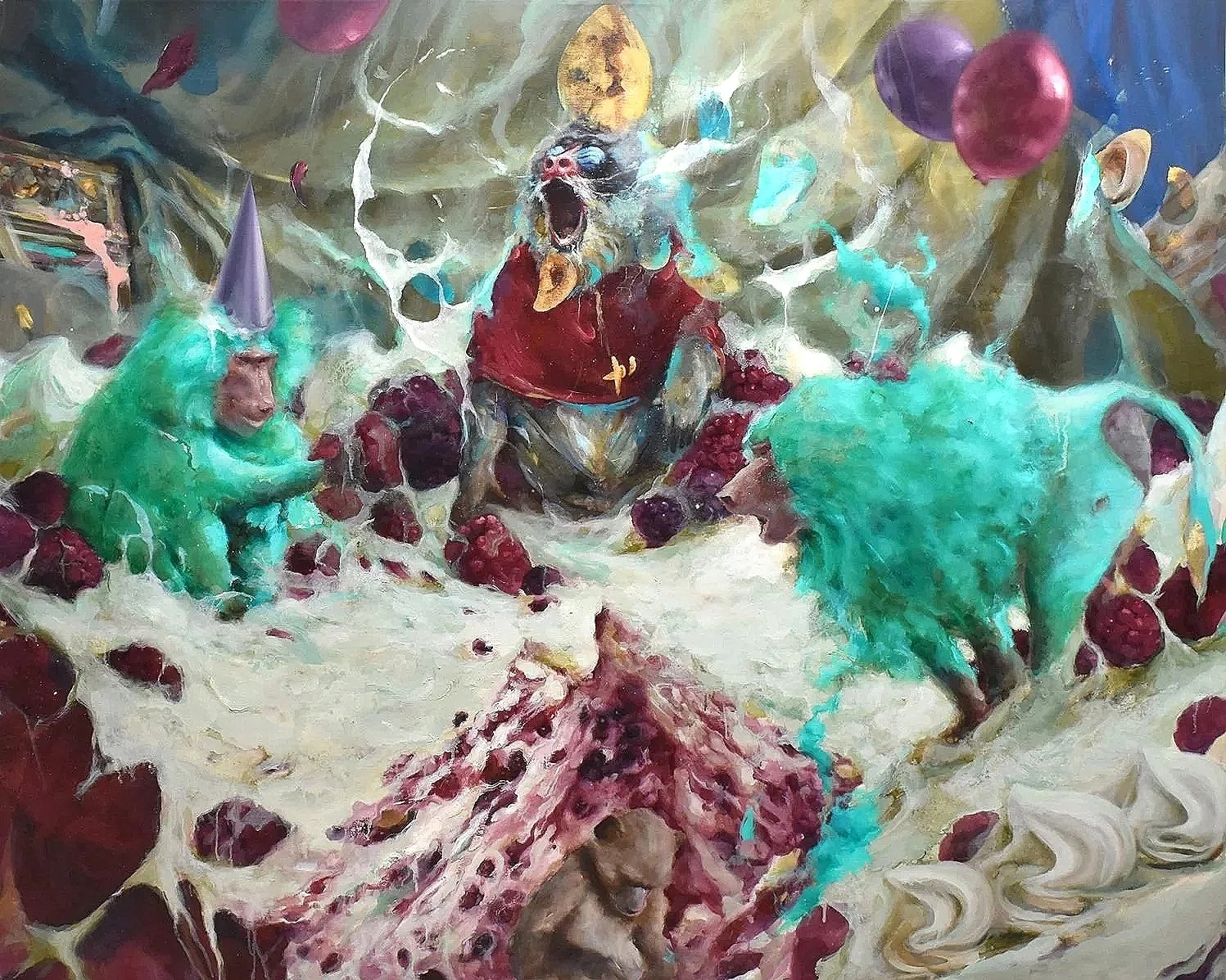 A painting titled Algarabía de lo Profano, or Jubilation of the Profane, by Chilean artist Antonio Cavagnaro, featuring monkeys in a sea of cake, fruit and sweets with the central figure dressed as a bishop, at Conde Contemporary.