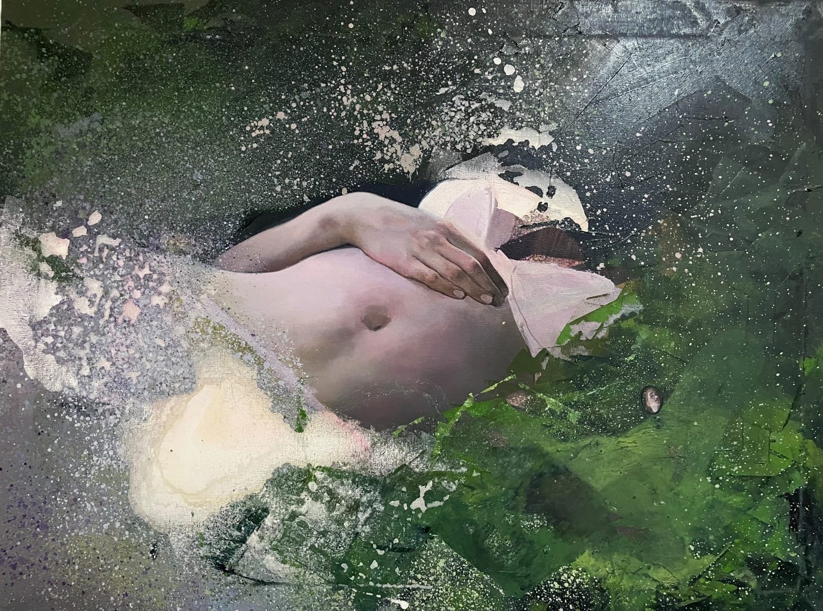 An oil painting of a woman's torso in realistic detail and a small locket with a face on it,  untitled or Sin Titulo by contemporary Cuban artist Danco Duportai for Conde Contemporary.