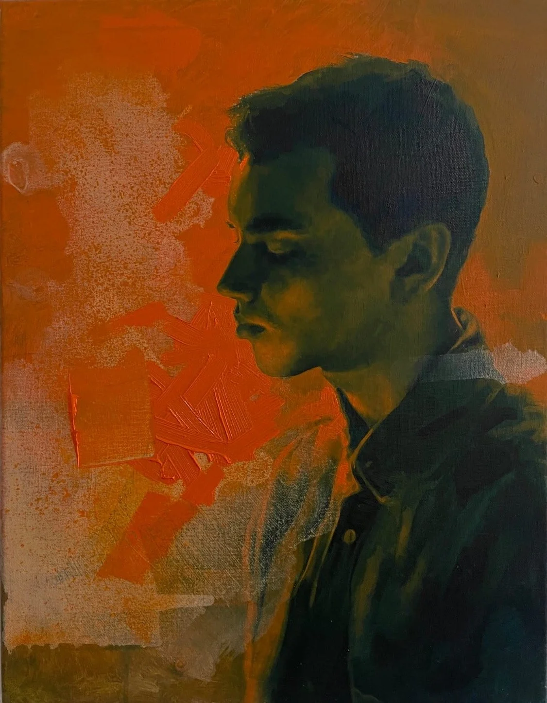 A portrait, in oil, of a young man in profile, painted in oranges and grays, titled Autumn Begins, by the contemporary Cuban narrative realist artist living in Mexico Danco Duportai for Conde Contemporary.