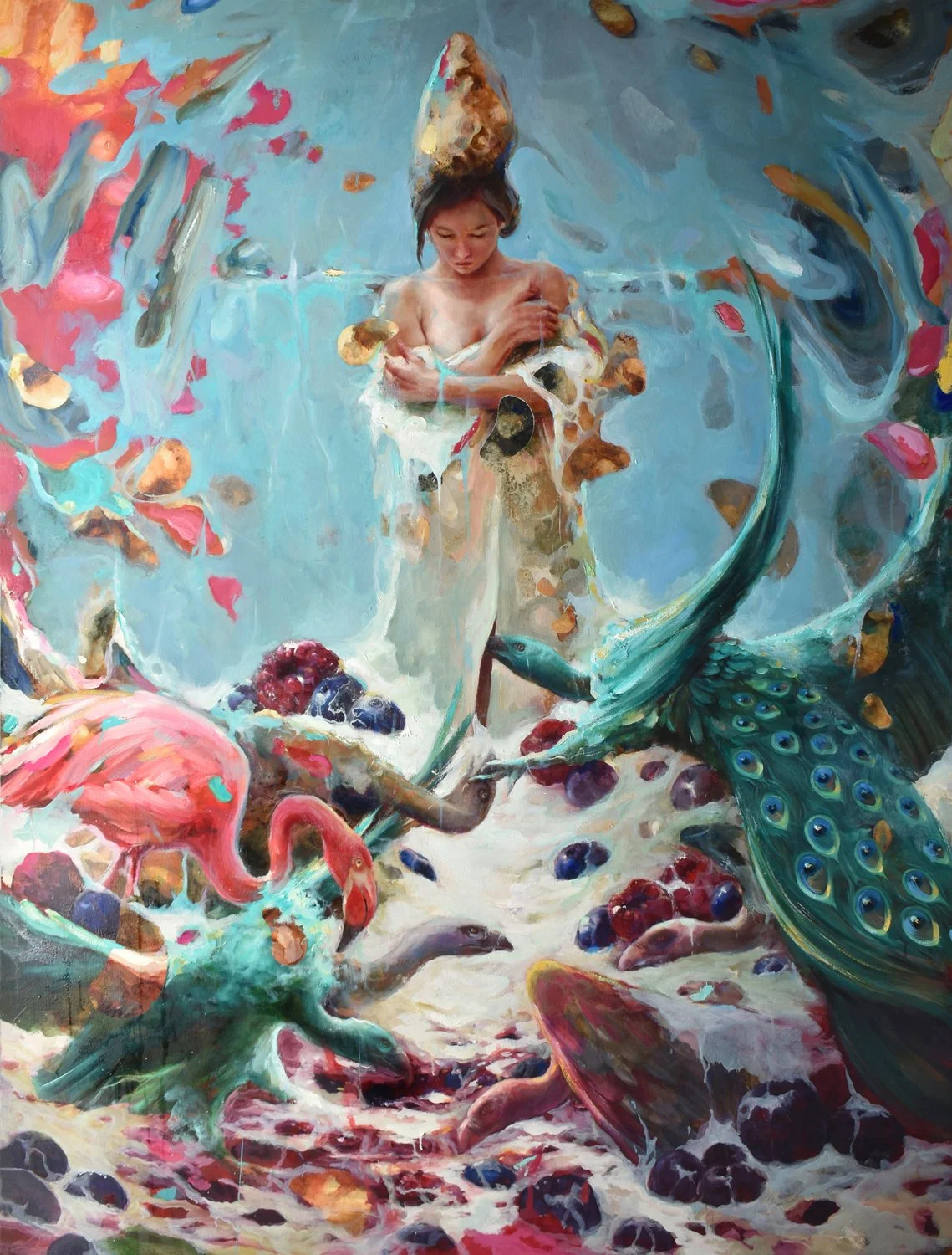 A painting titled Nueva Purificación by Chilean contemporary artist Antonio Cavagnaro depicting a young woman is a sea of colorful fruit and cream surrounded by vultures evolving into peacocks, for Conde Contemporary.