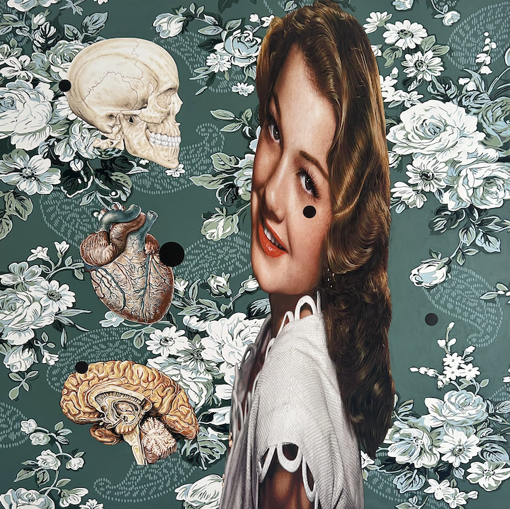 A painting titled I've Got You Under My Skin, featuring a beautiful woman with a floral background and a human heart, skull, and brain floating in the image beside her, by Cuban conceptual artist Rubén Torres Llorca at Conde Contemporary.