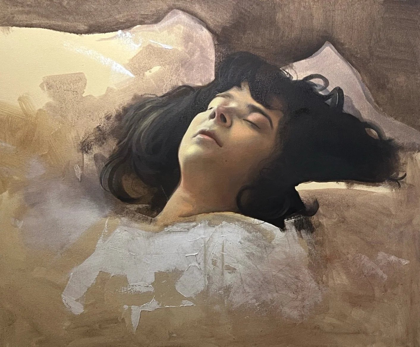 A classically painted luminous painting of a young woman sleeping, titled Meditación, by the contemporary Cuban artist living in Mexico, Danco Duportai, for Conde Contemporary.
