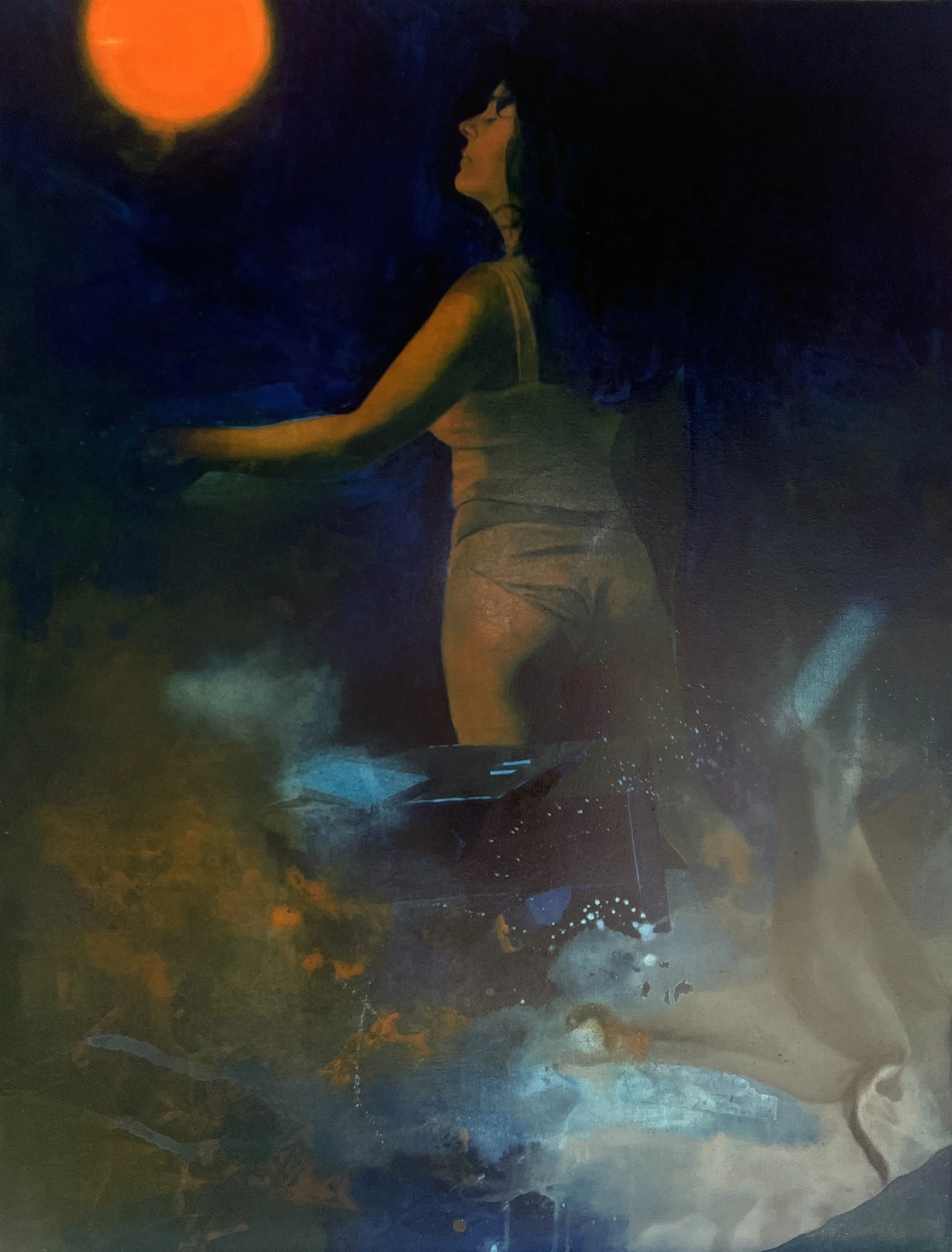 An oil painting of a young woman in realism and abstraction, an atmospheric painting titled Transmutando en Collar by contemporary Cuban symbolist artist Danco Duportai, for Conde Contemporary.