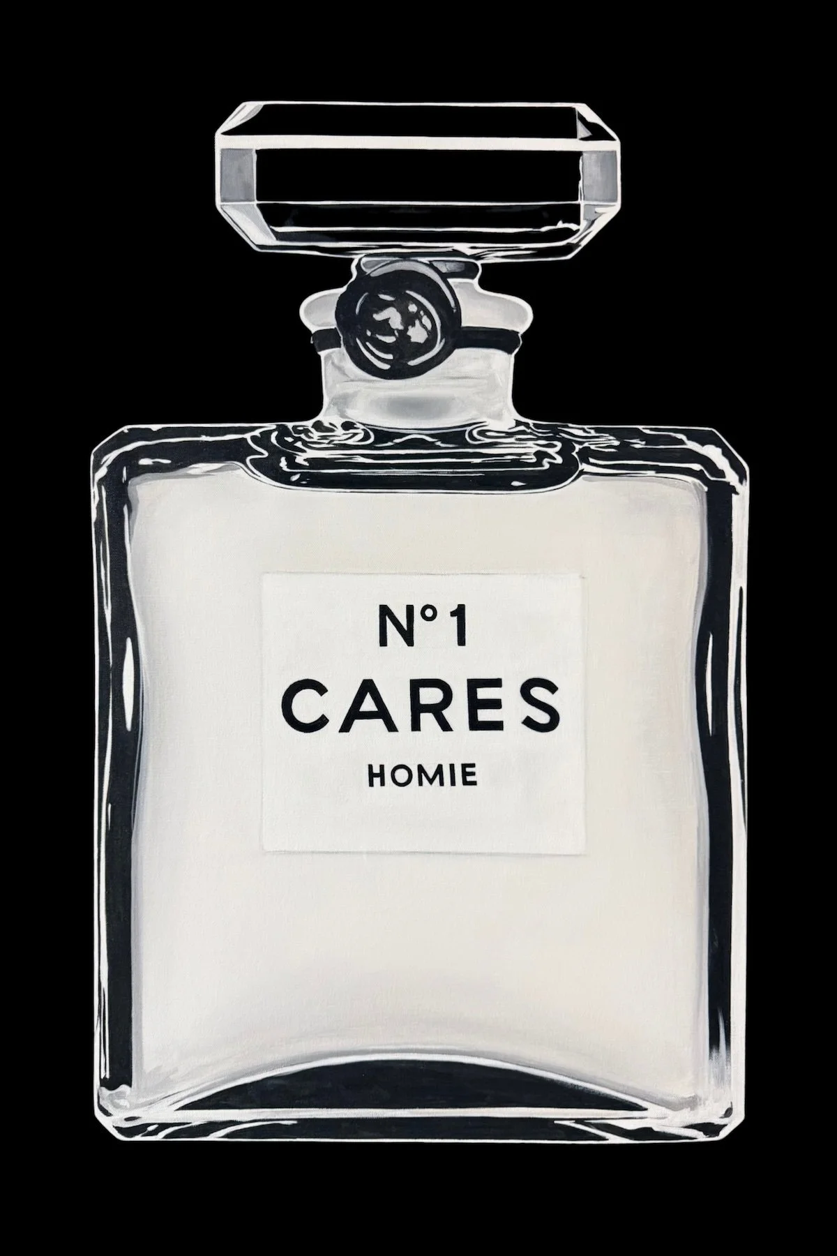 A photo of a painting of a Chanel perfume bottle in black and white that says No. 1 Cares Homie, by Cuban American artist Andrés Conde.