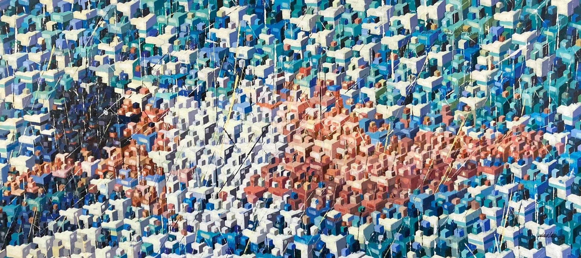 An image of a painting by Cuban artist Ernesto Capdevila, the painting is an abstract made up of cubes and depicts a woman sleeping, the piece is titled Sleeping Beauty and is shown by Conde Contemporary.