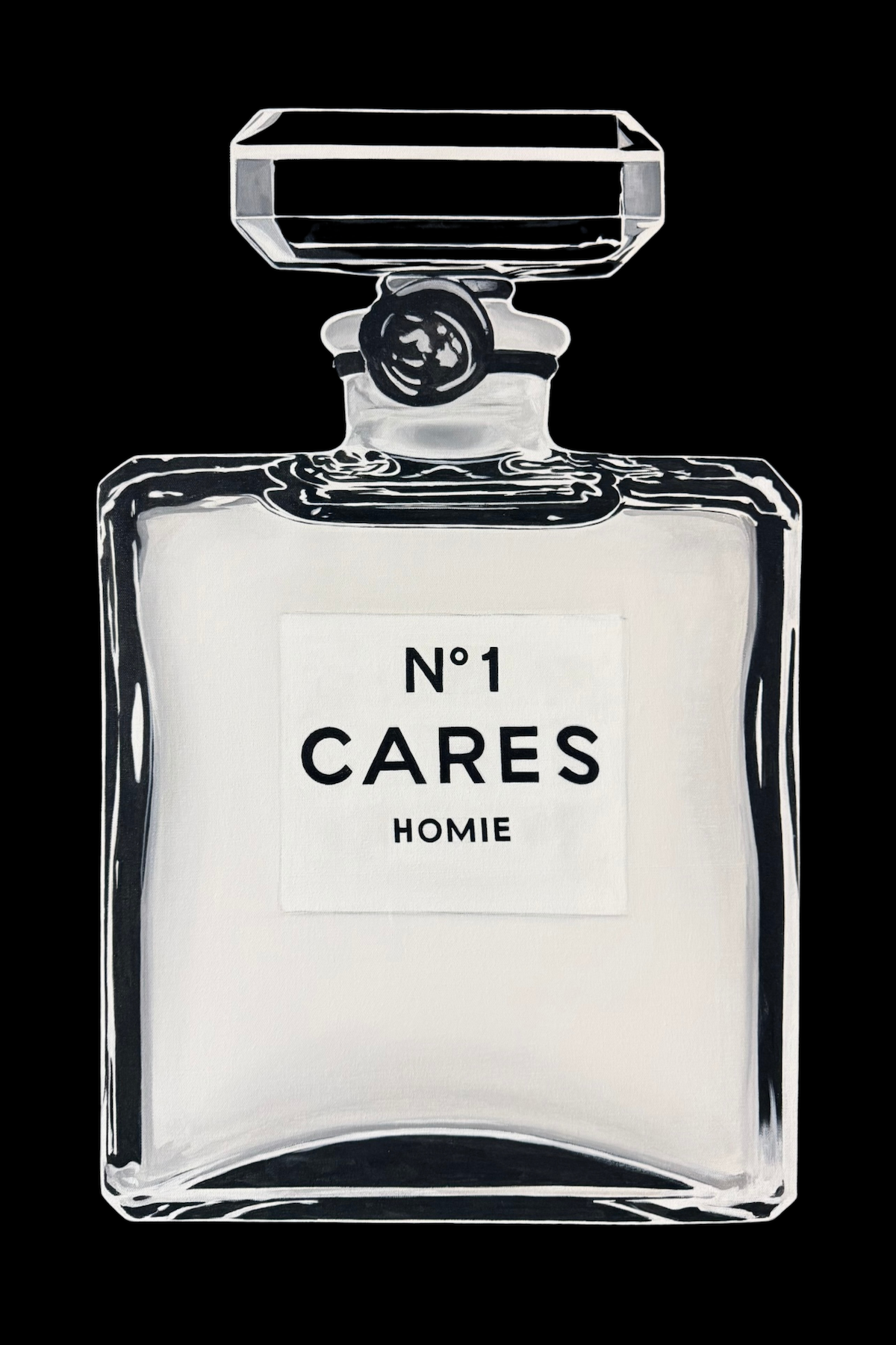 An image of an oil painting of a Chanel perfume bottle that reads No. 1 Cares Homie on the label in black and white by contemporary Cuban American artist Andrés Conde.