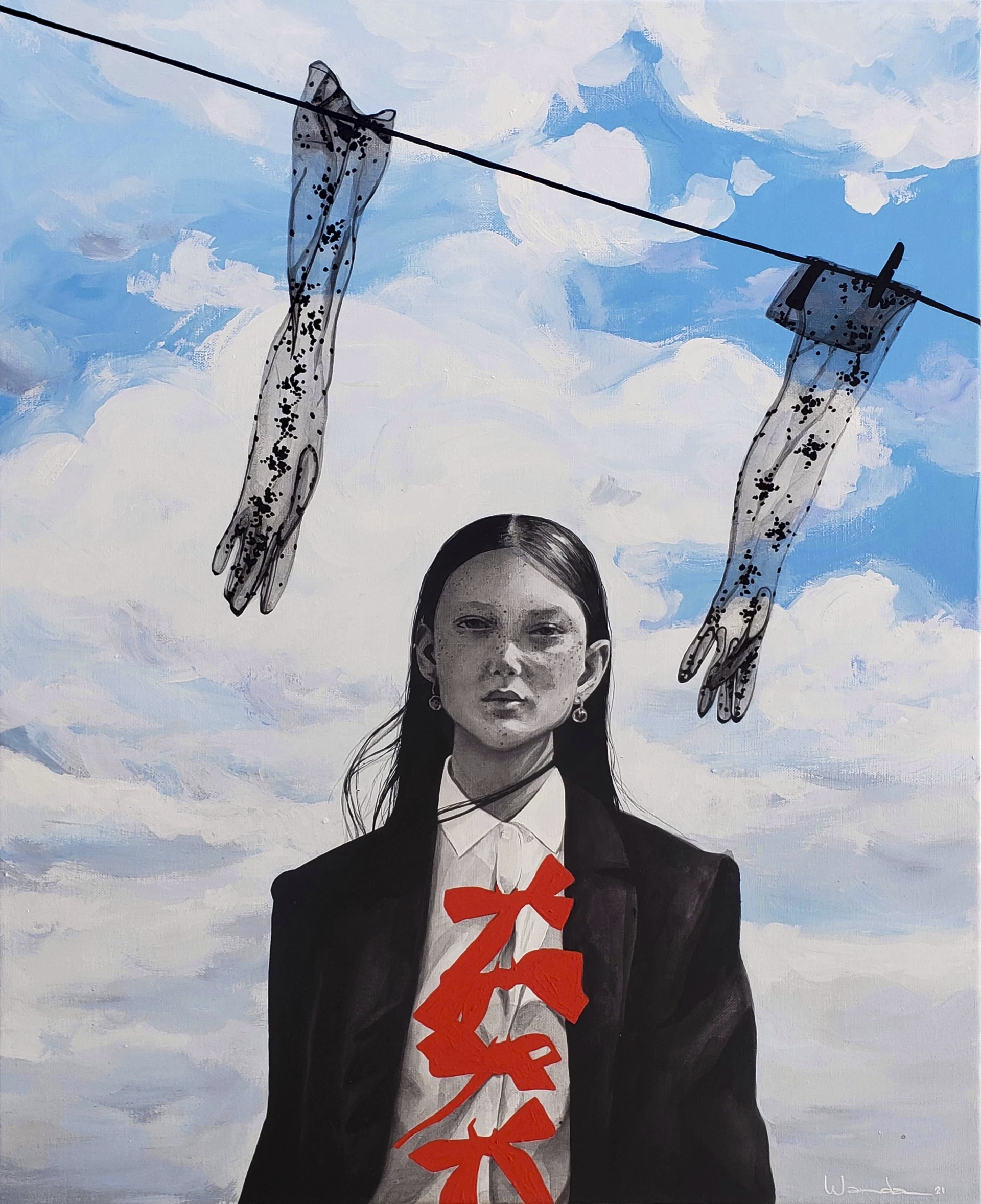 A moody acrylic painting of a young girl directly addressing the viewer as lace gloves hang from a clothesline behind her, titled The Sound of Silence, by contemporary Cuban artist Wanda Fraga Sánchez de la Campa.