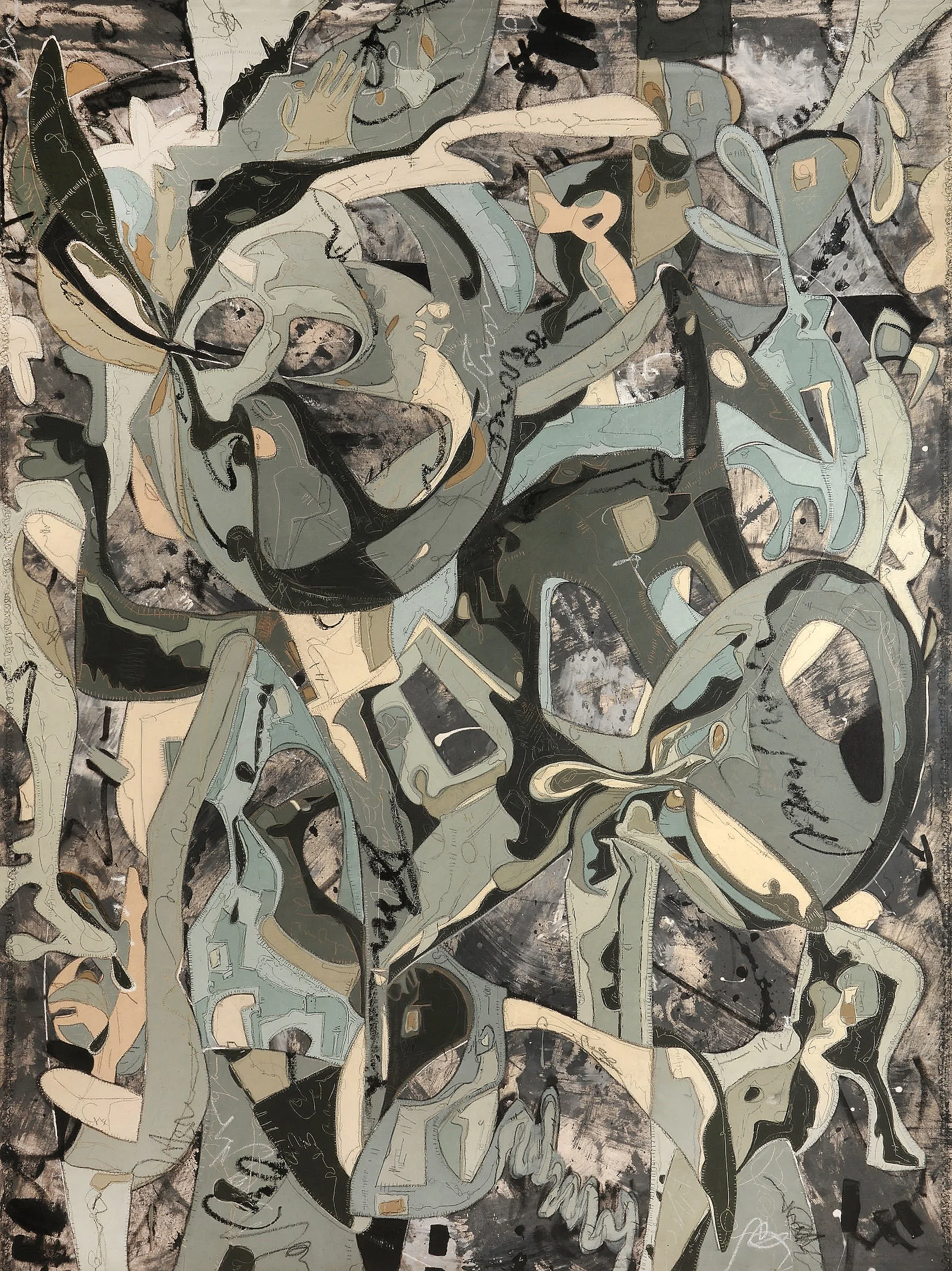 A mixed media abstract painting on canvas in muted shades of blues, greens and grays, titled Dreamweb 24 by Argentinian artist Paula Christenson, for Conde Contemporary.