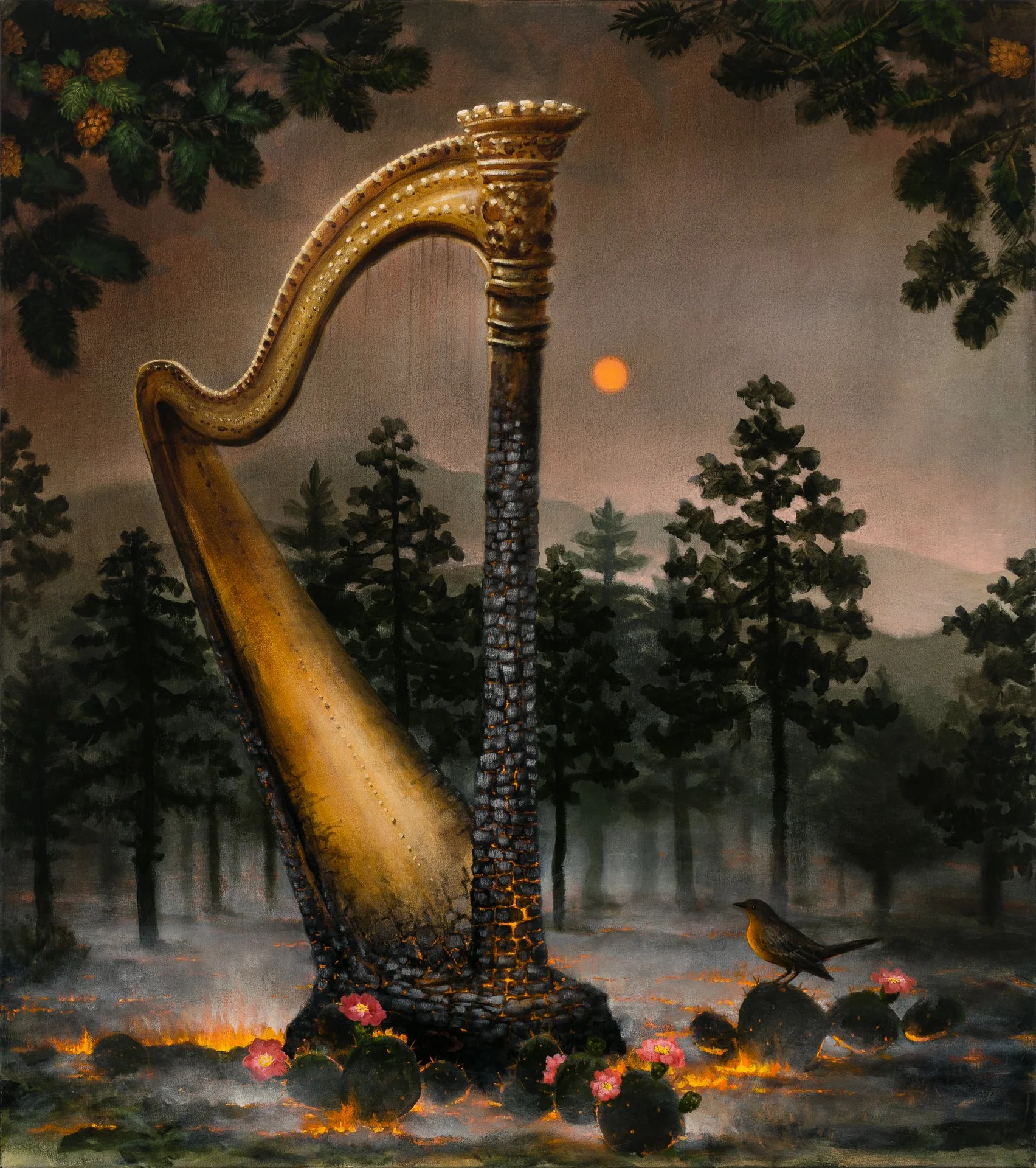 A surreal landscape painting of a smoldering harp partially burned while a mocking bird sits watching on a cactus, titled The Mockingbird Will Remember by American artist Kevin Sloan for Conde Contemporary.