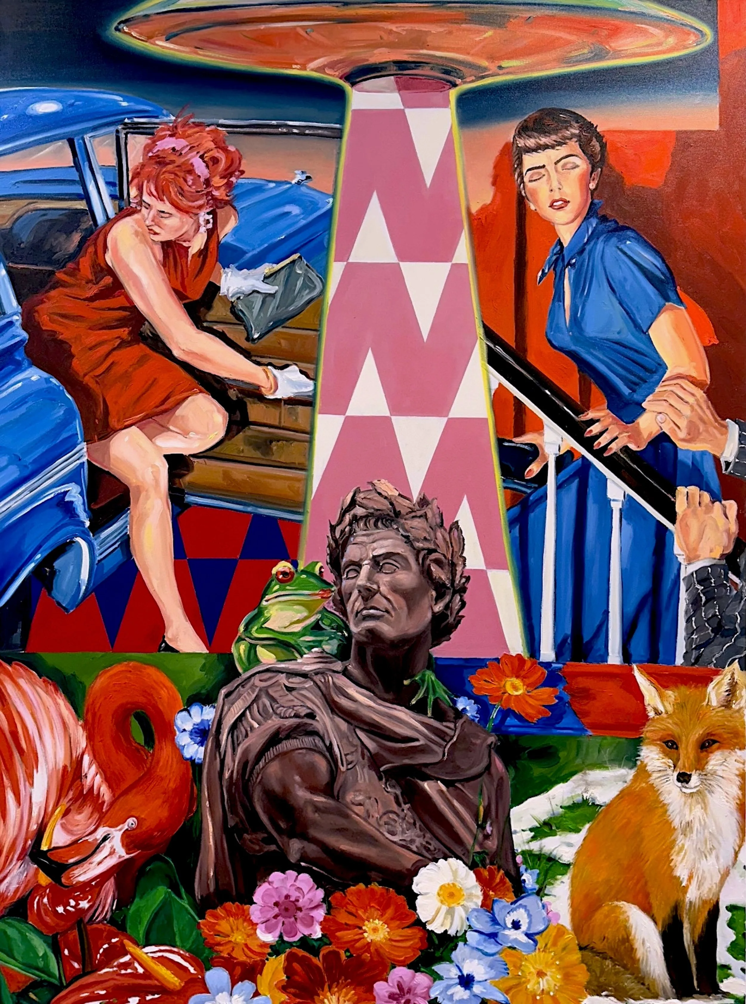 A colorful pop realist painting by contemporary Cuban artist Ciro Quintana titled Fairy Tales From the American Dream, featuring a statue of Ceasar and 1950's styled women, for Conde Contemporary.