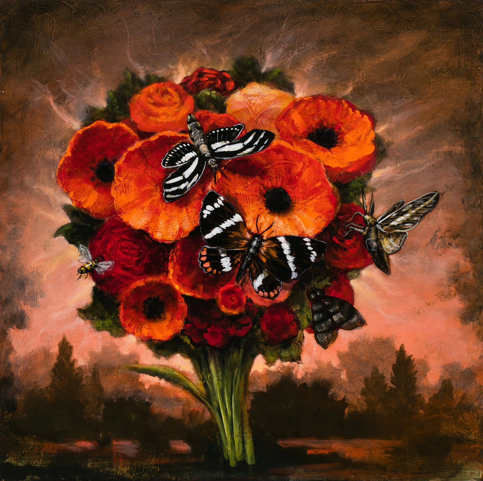 A surreal landscape painting titled An Exceptionally Fragrant Bouquet by contemporary American artist Kevin Sloan featuring a vivid bouquet of poppies and roses with bees, moths, and butterflies, against a peach sunset, available Conde Contemporary.