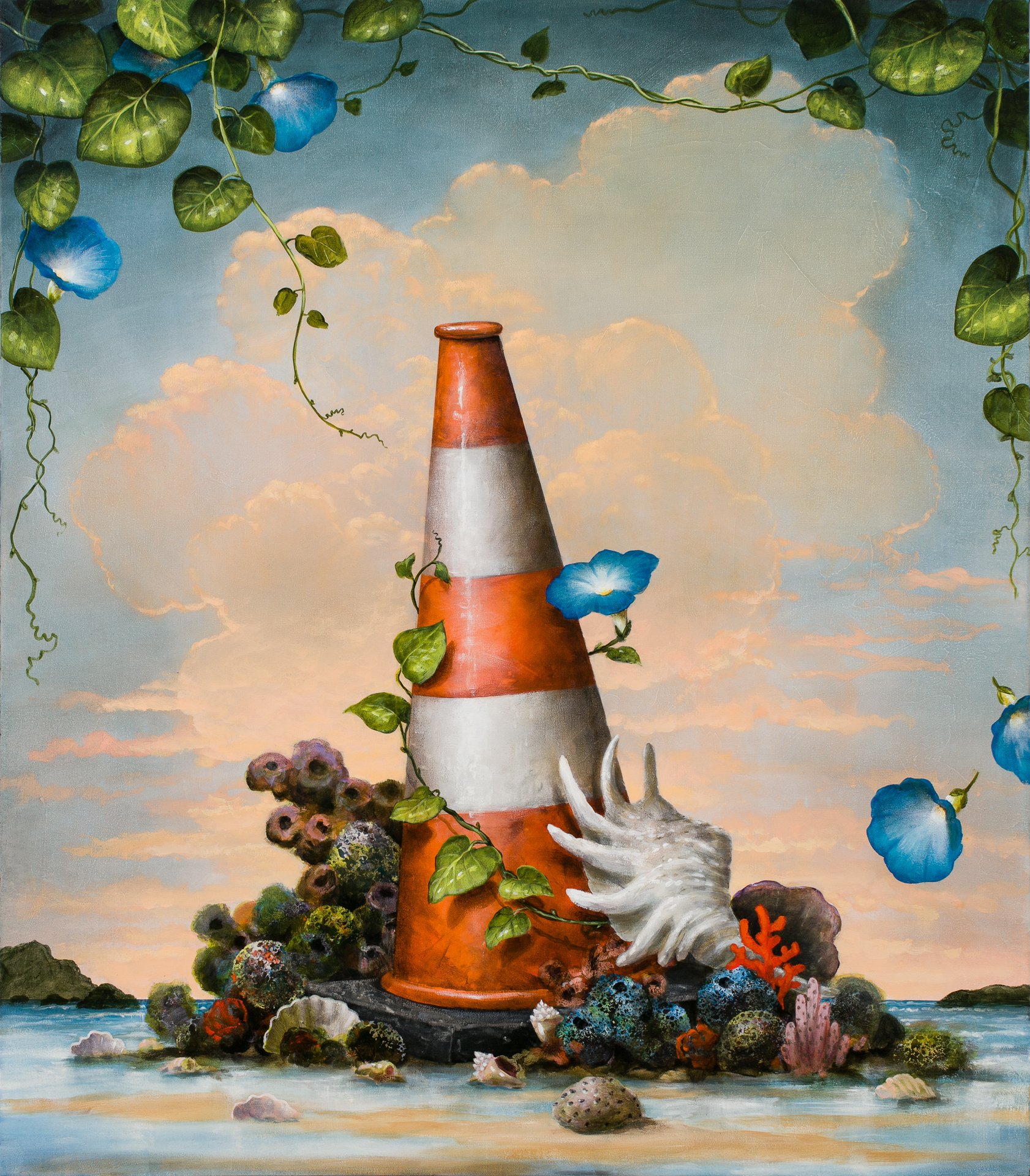 A surreal seascape painting by American artist Kevin Sloan featuring a traffic one on the beach being overgrown with morning glories and sea life, titled The Surrender of Caution, for Conde Contemporary.