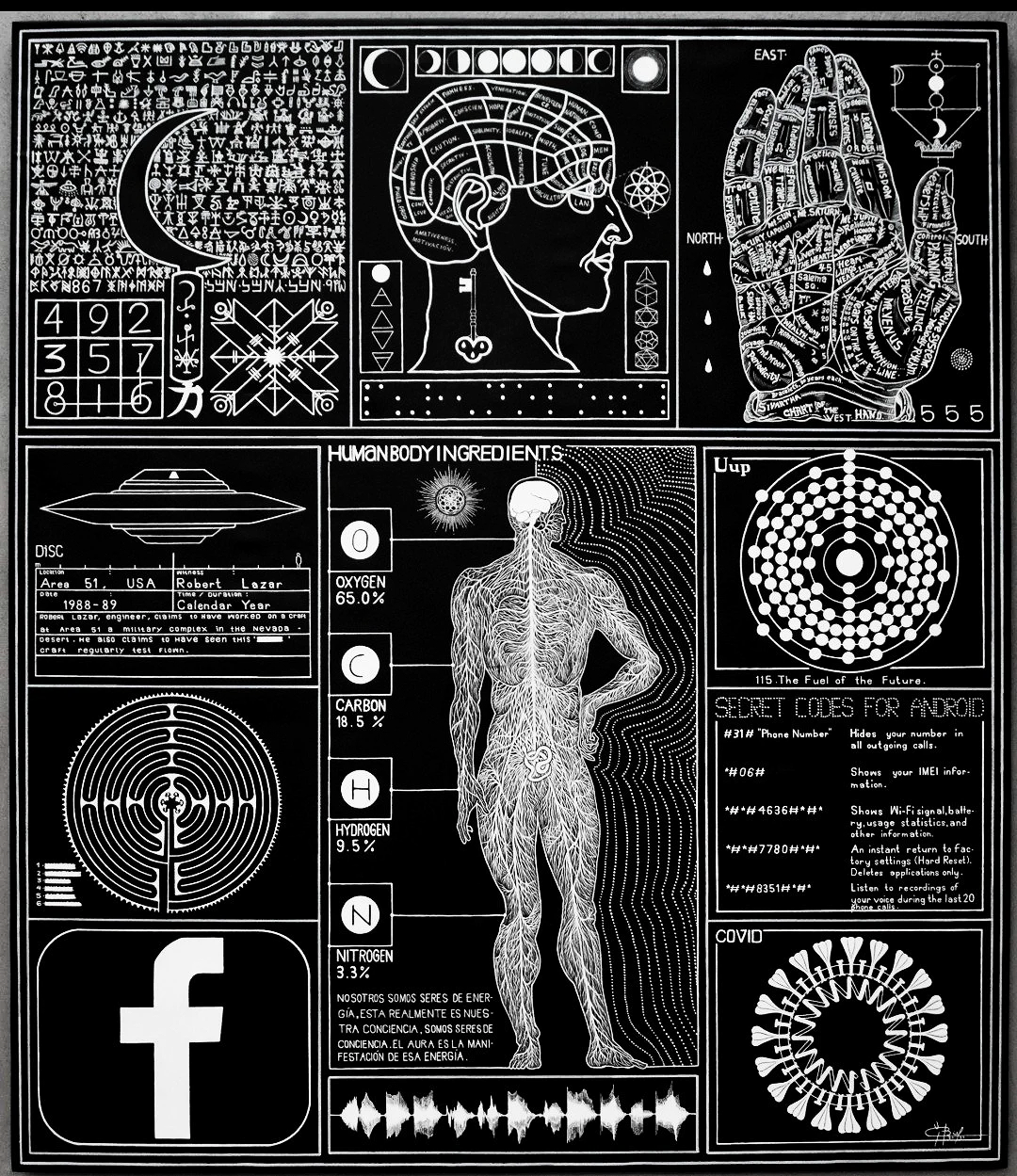 A black and white painting by Henry Rodriguez Bienes, featuring modern and ancient symbols on view at Conde Contemporary.