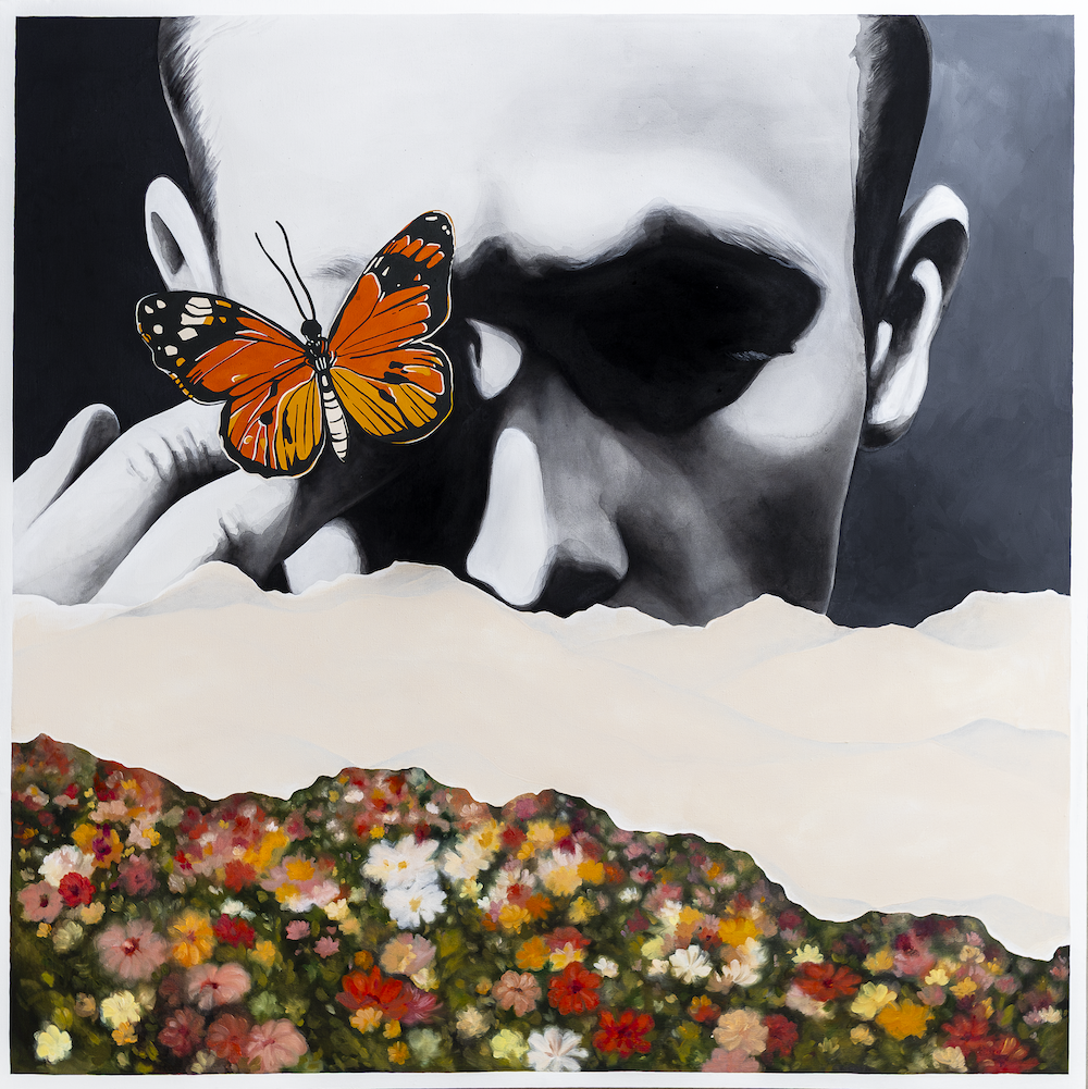 A black and white painting of a man with a colorful butterfly in front of his eye by contemporary Cuban artist Wanda Fraga Sánchez de la Campa for Conde Contemporary.