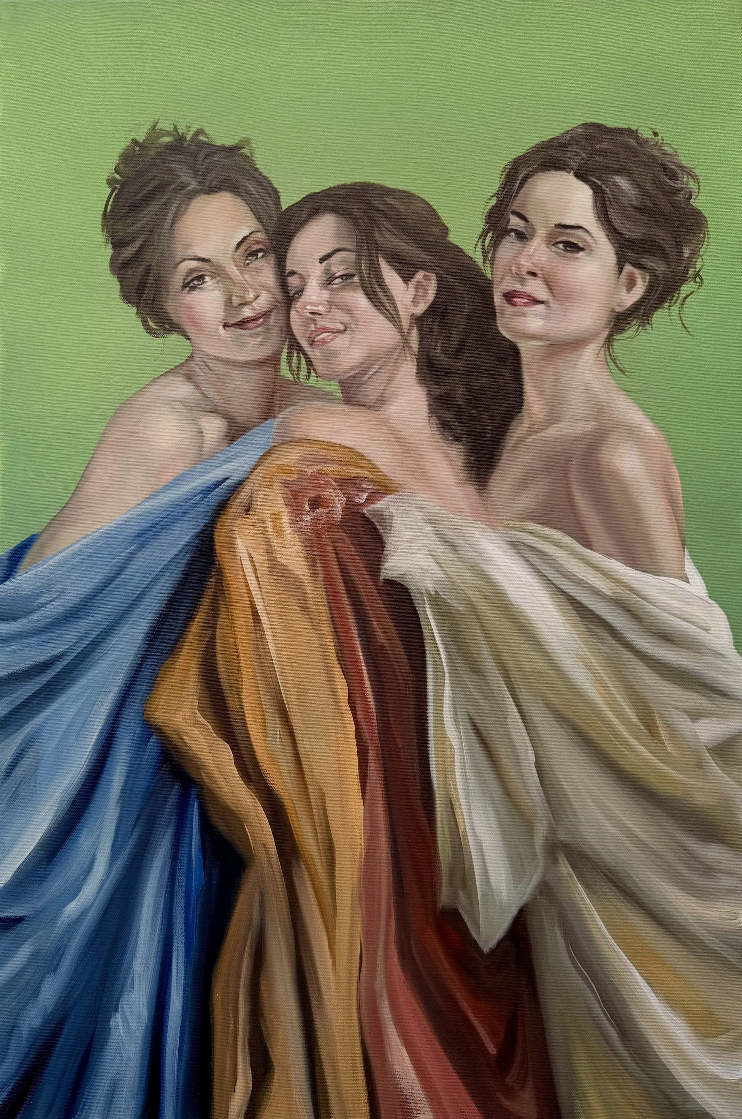 An oil on canvas painting by Cuban born artist Andrés Conde titled Graces II from his Trinity Series featuring three beautifully depicted women in robes, available at Conde Contemporary.