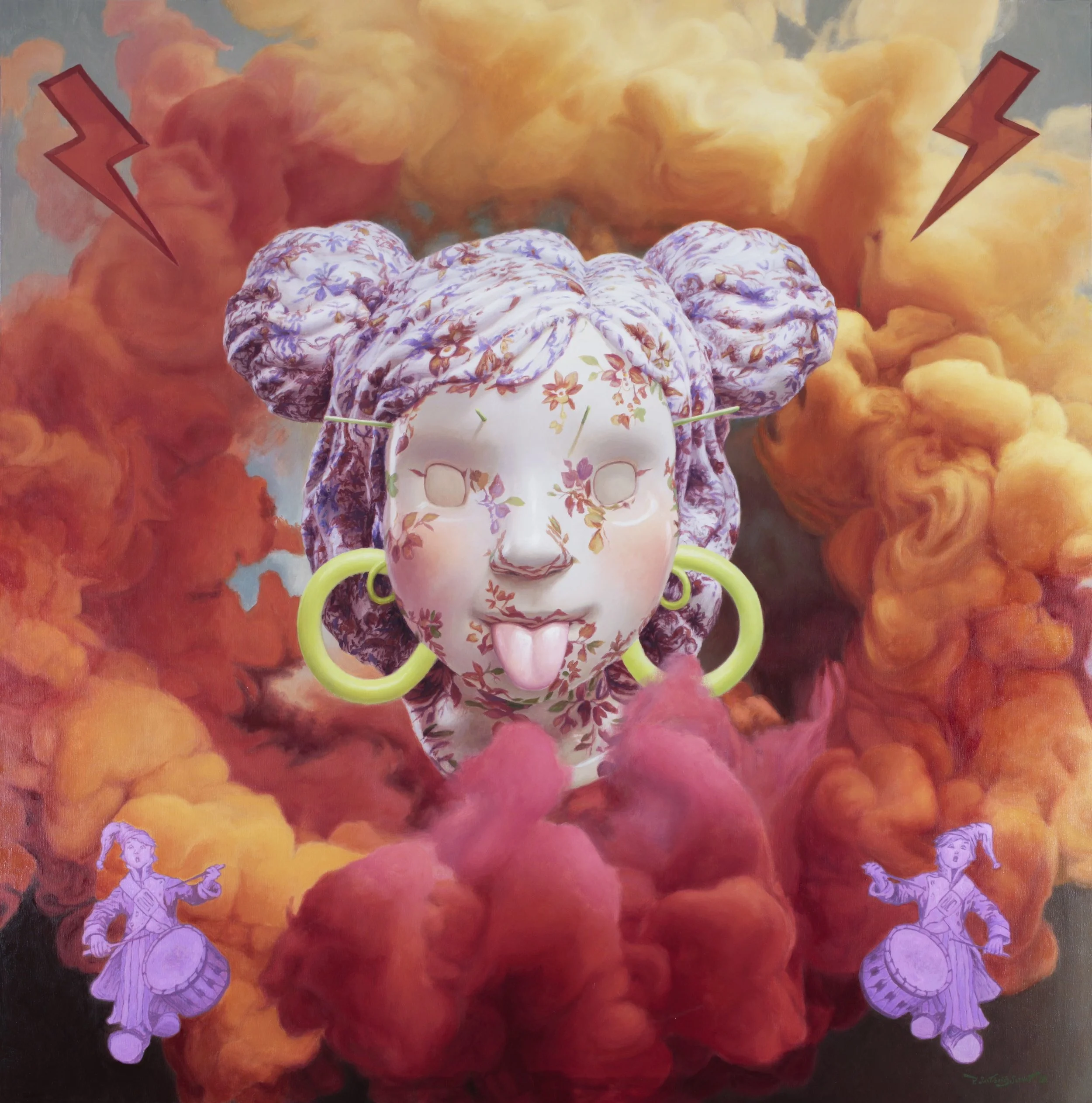A colorful and magical oil painting of a ceramic girl sticking her tongue out, titled Ceramic Girl, by the magical realist painter Pablo Santibáñez Servat for Conde Contemporary.