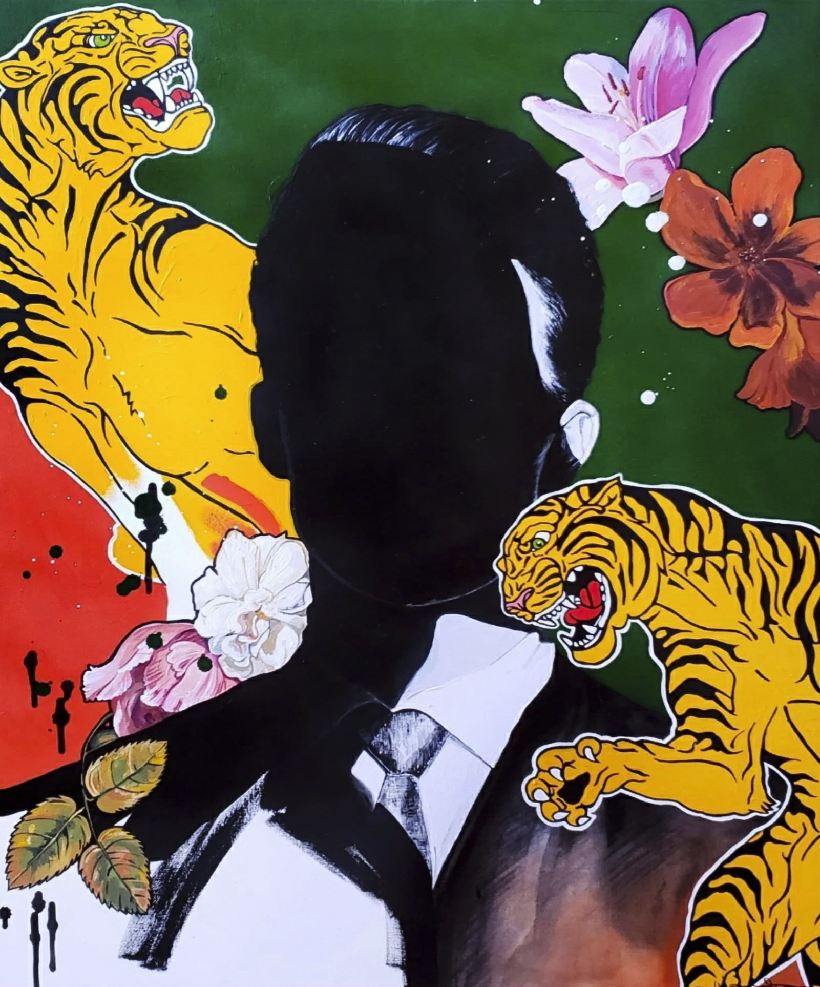A painting in red and yellow with a man who's face is blacked out and an Asian style yellow tiger in the background, titled The Quietness of Danger, by Cuban artist Wanda Fraga Sánchez de la Campa, for Conde Contemporary.
