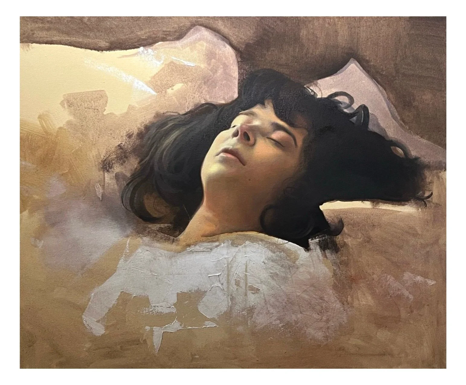 An oil painting of the artist's wife sleeping, titled Meditación, by Cuban contemporary artist Danco Duportai for Conde Contemporary.